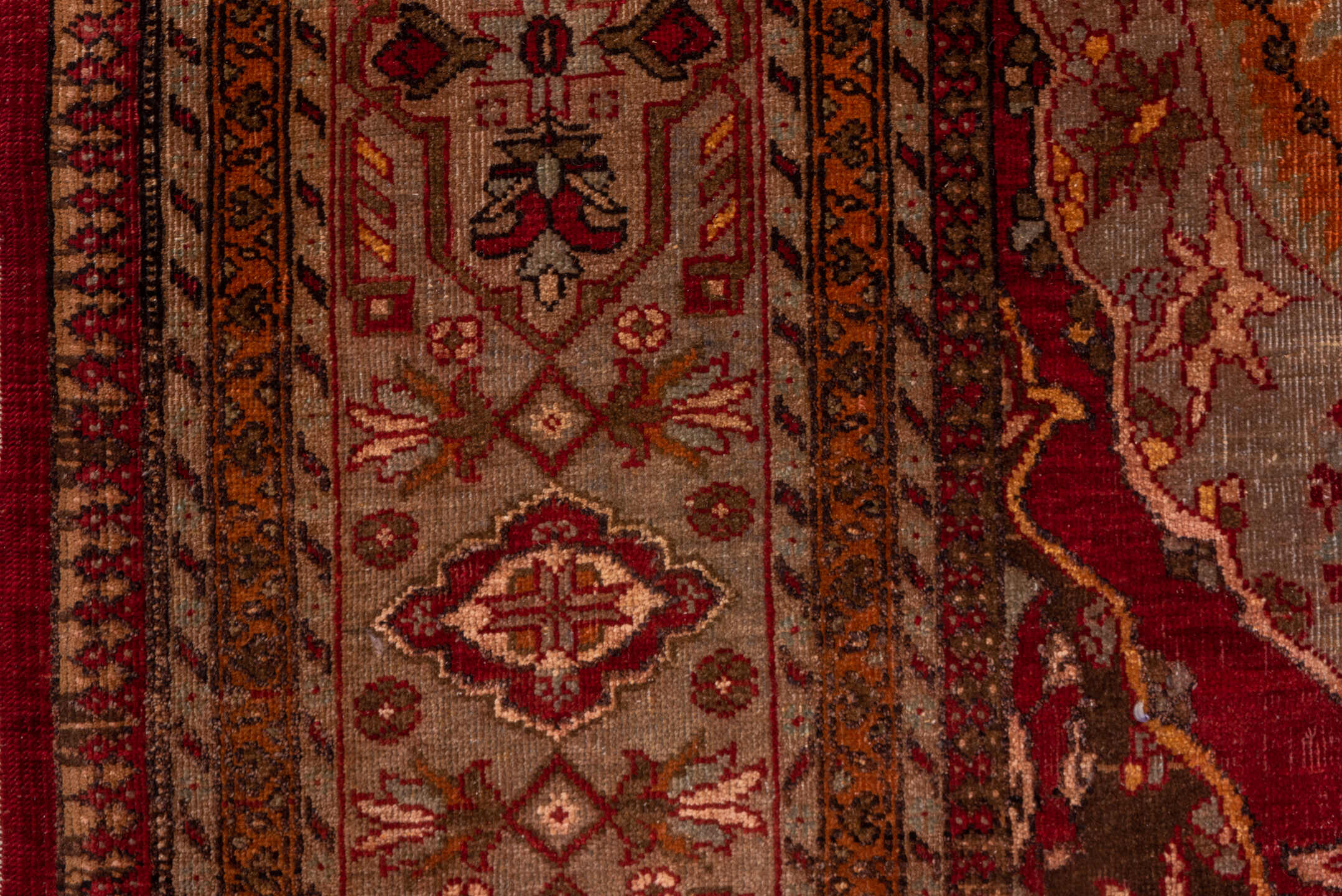 5' x 15' one-of-a-kind handmade vintage Sivas rug. Color palette: burgundy, taupe, rust, ivory, brown, rose, gold, charcoal