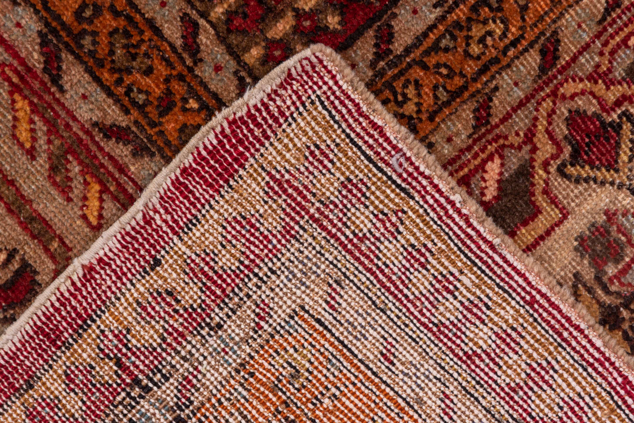 5' x 15' one-of-a-kind handmade vintage Sivas rug. Color palette: burgundy, taupe, rust, ivory, brown, rose, gold, charcoal