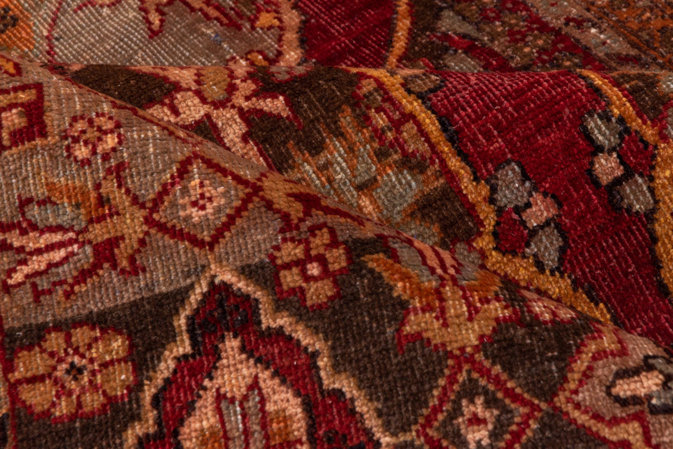 5' x 15' one-of-a-kind handmade vintage Sivas rug. Color palette: burgundy, taupe, rust, ivory, brown, rose, gold, charcoal