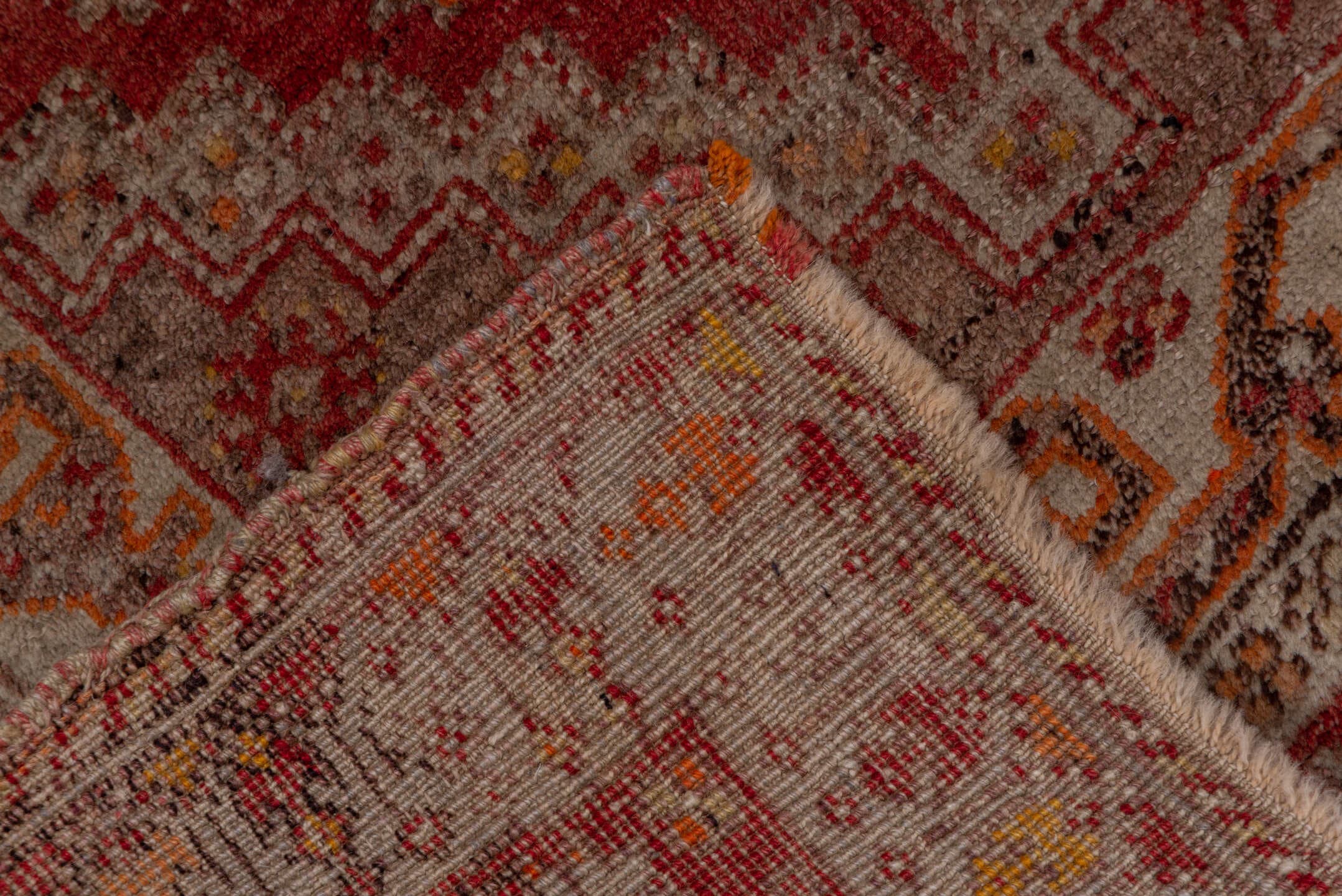 3' x 10' one-of-a-kind handmade vintage Sivas runner rug. Color palette: rust, rose, taupe, ivory, terra cotta, brown, gold