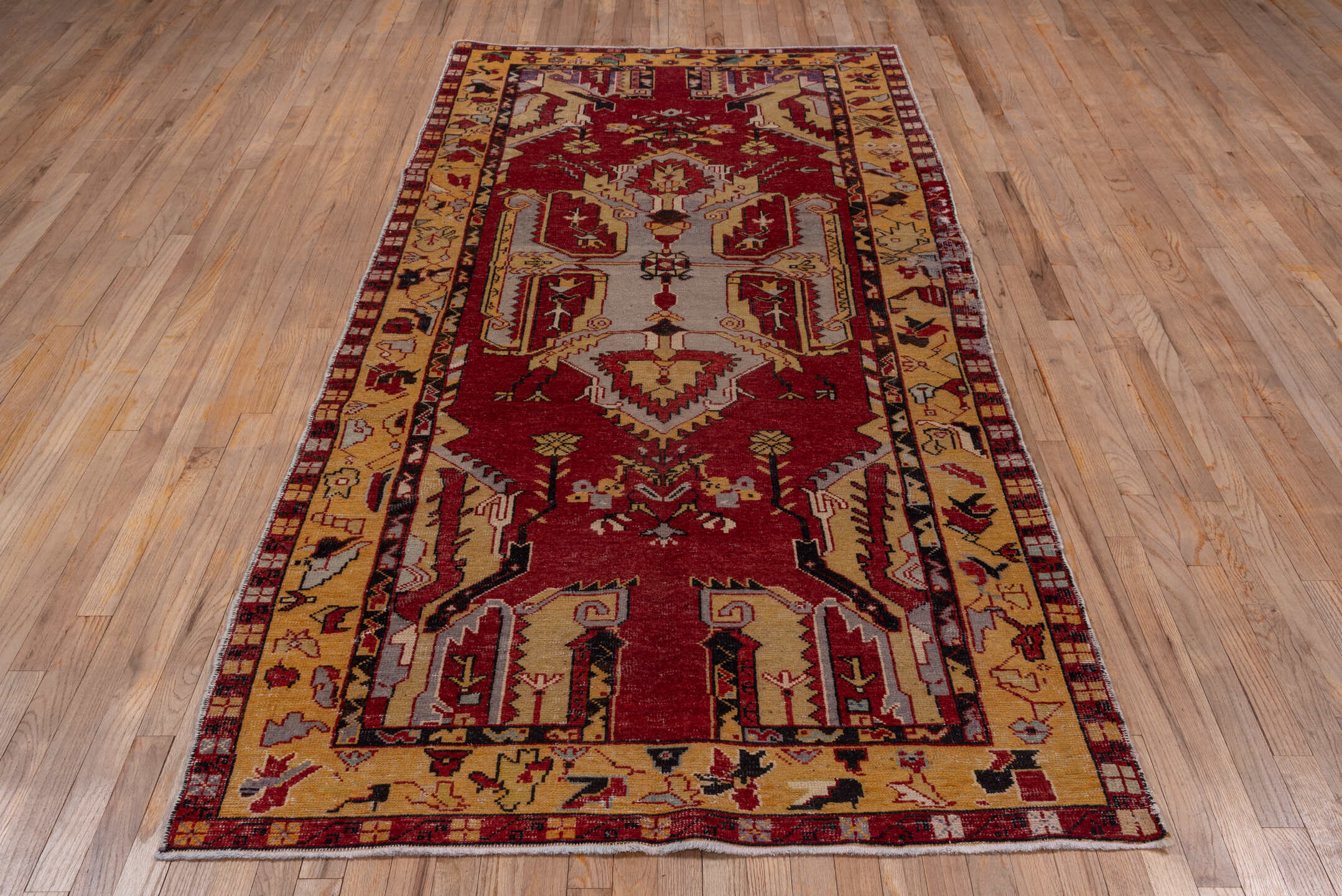 4' x 9' one-of-a-kind handmade vintage Oushak runner rug. Color palette: rust, ivory, gold, burgundy, charcoal, sage, taupe