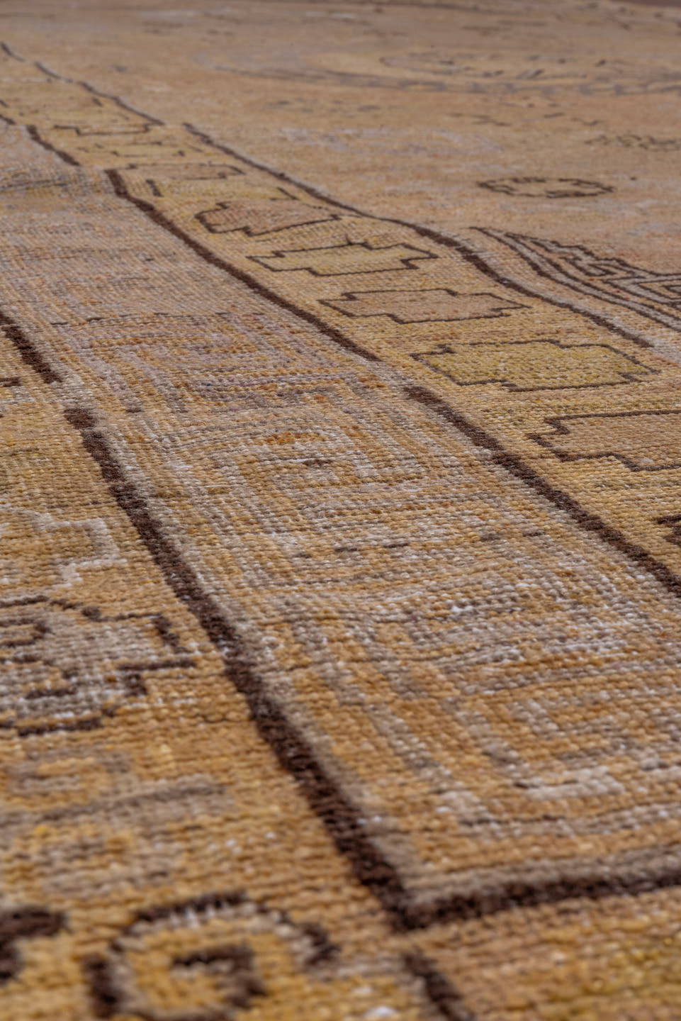 7' x 13' one-of-a-kind handmade antique Khotan large size rug. Color palette: camel, taupe, beige, brown, ivory, ochre, gray