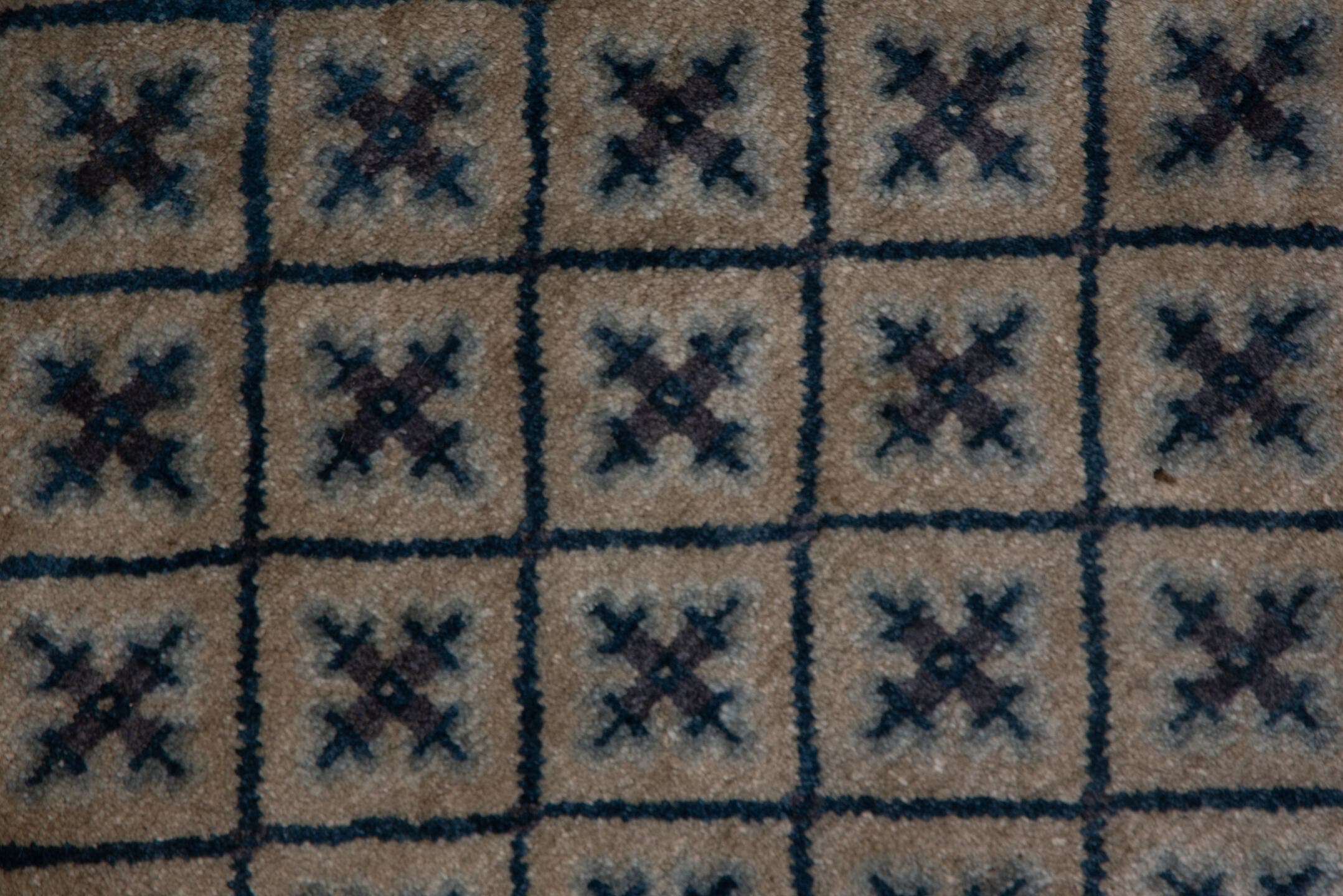 4' x 7' one-of-a-kind handmade vintage Chinese rug. Color palette: beige, ivory, slate, navy, taupe, blue, gray