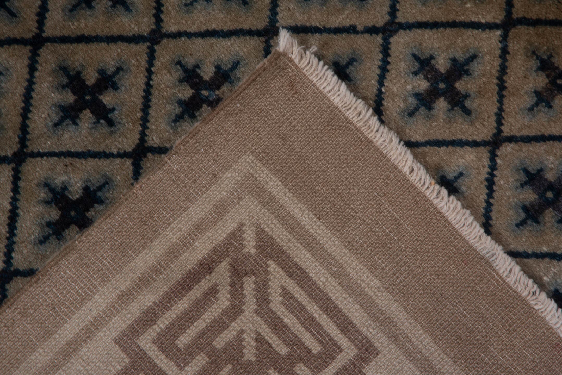 4' x 7' one-of-a-kind handmade vintage Chinese rug. Color palette: beige, ivory, slate, navy, taupe, blue, gray