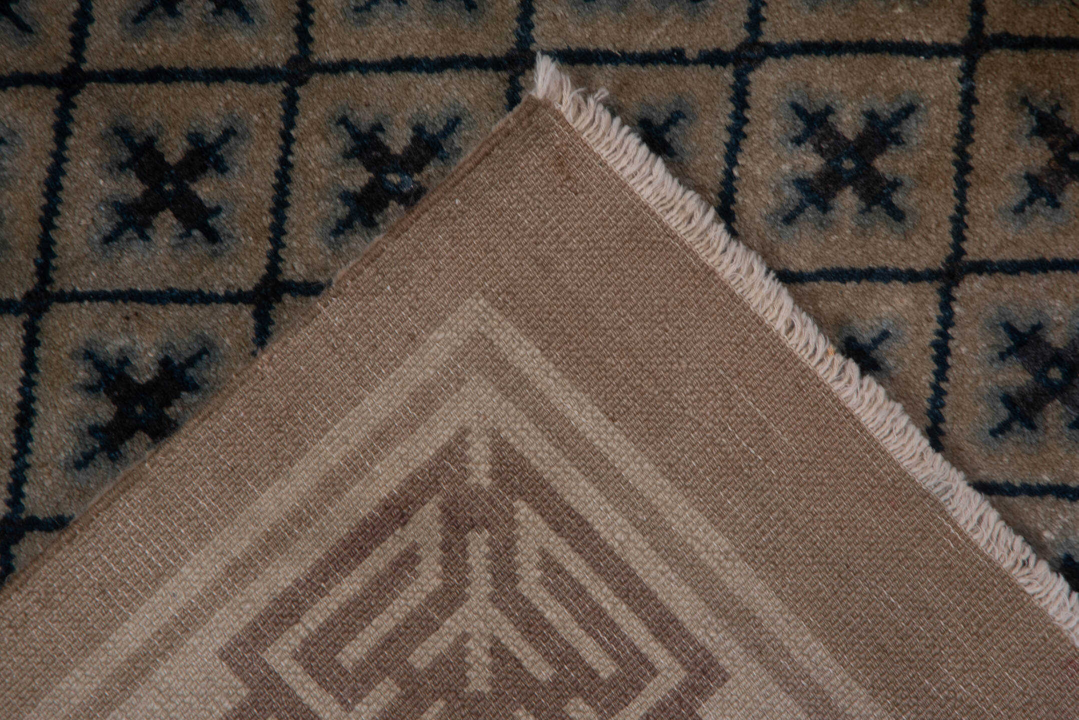 4' x 7' one-of-a-kind handmade vintage Chinese rug. Color palette: black, blue, brown, charcoal, dark slate gray, gray, pink