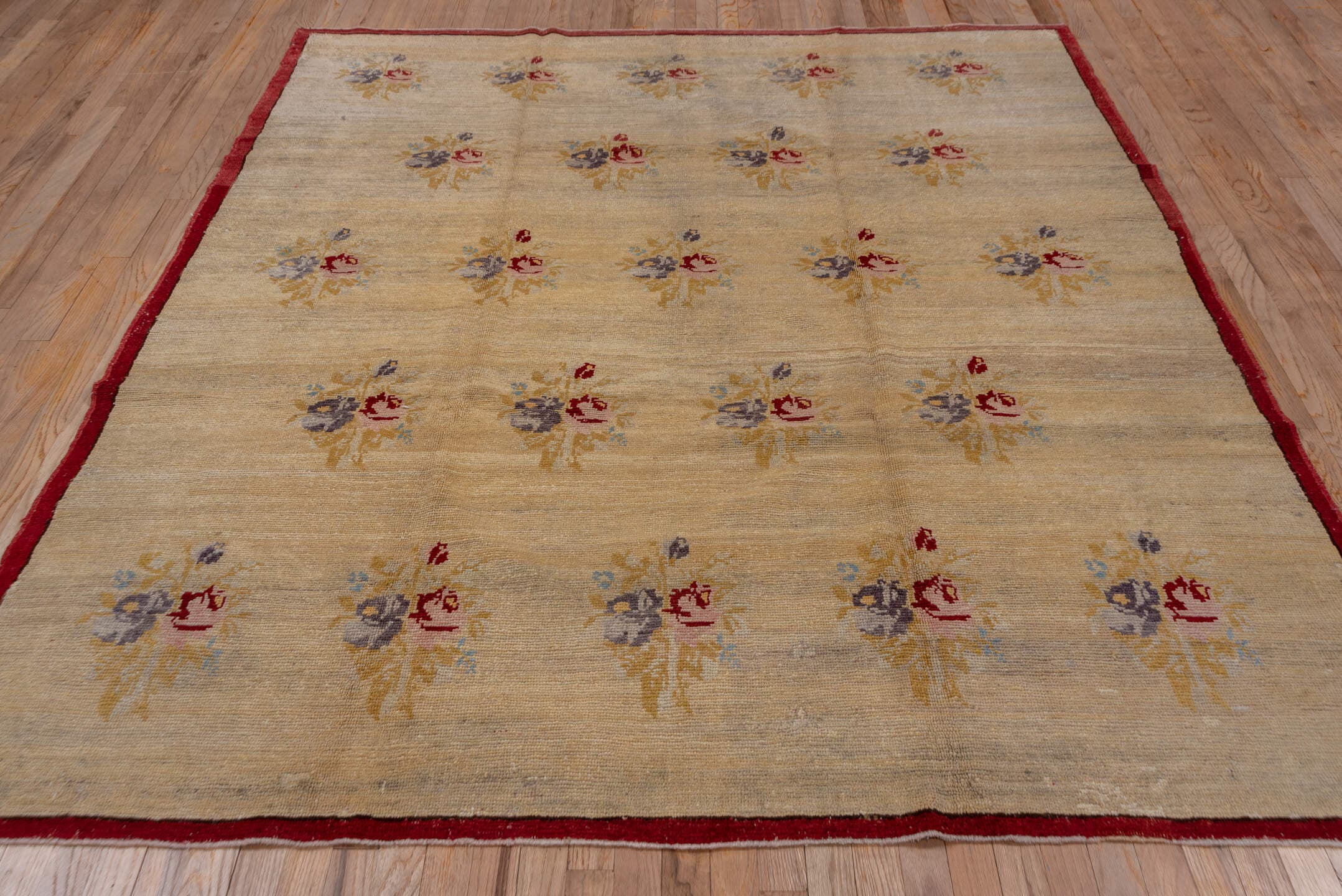 6' x 8' one-of-a-kind handmade vintage Oushak medium size rug. Color palette: ivory, rust, gold, lavender, sky blue, rose