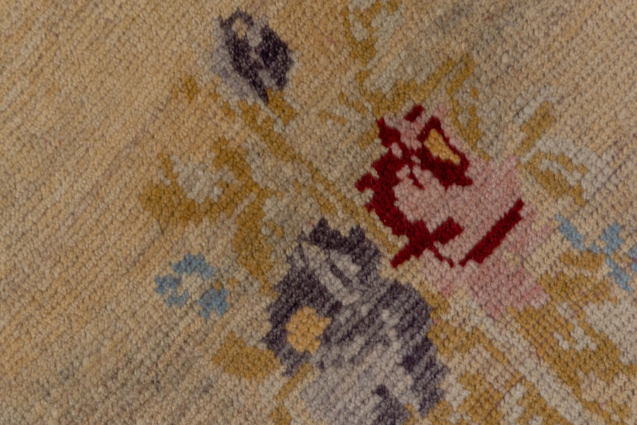 6' x 8' one-of-a-kind handmade vintage Oushak medium size rug. Color palette: ivory, rust, gold, lavender, sky blue, rose