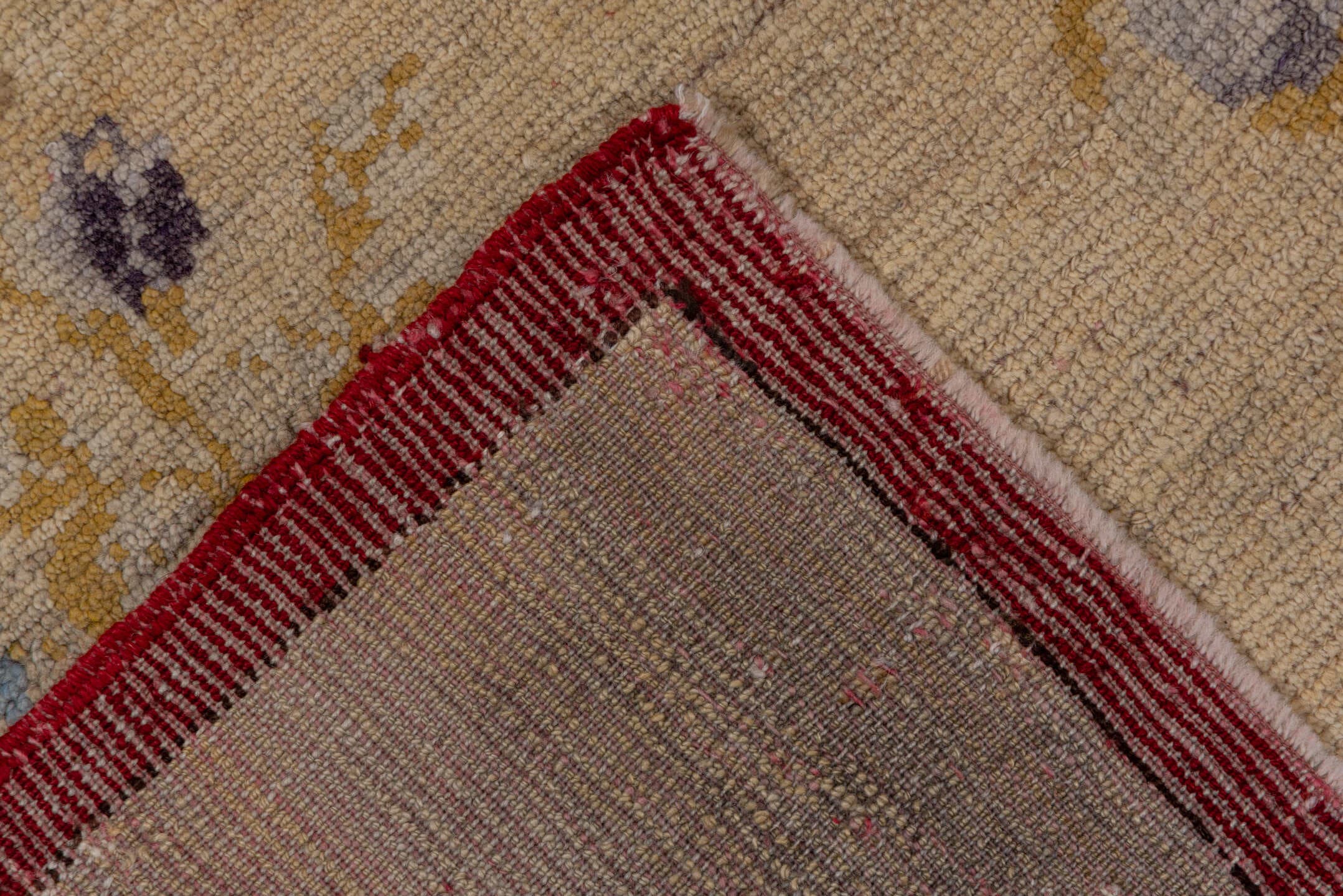 6' x 8' one-of-a-kind handmade vintage Oushak medium size rug. Color palette: ivory, rust, gold, lavender, sky blue, rose