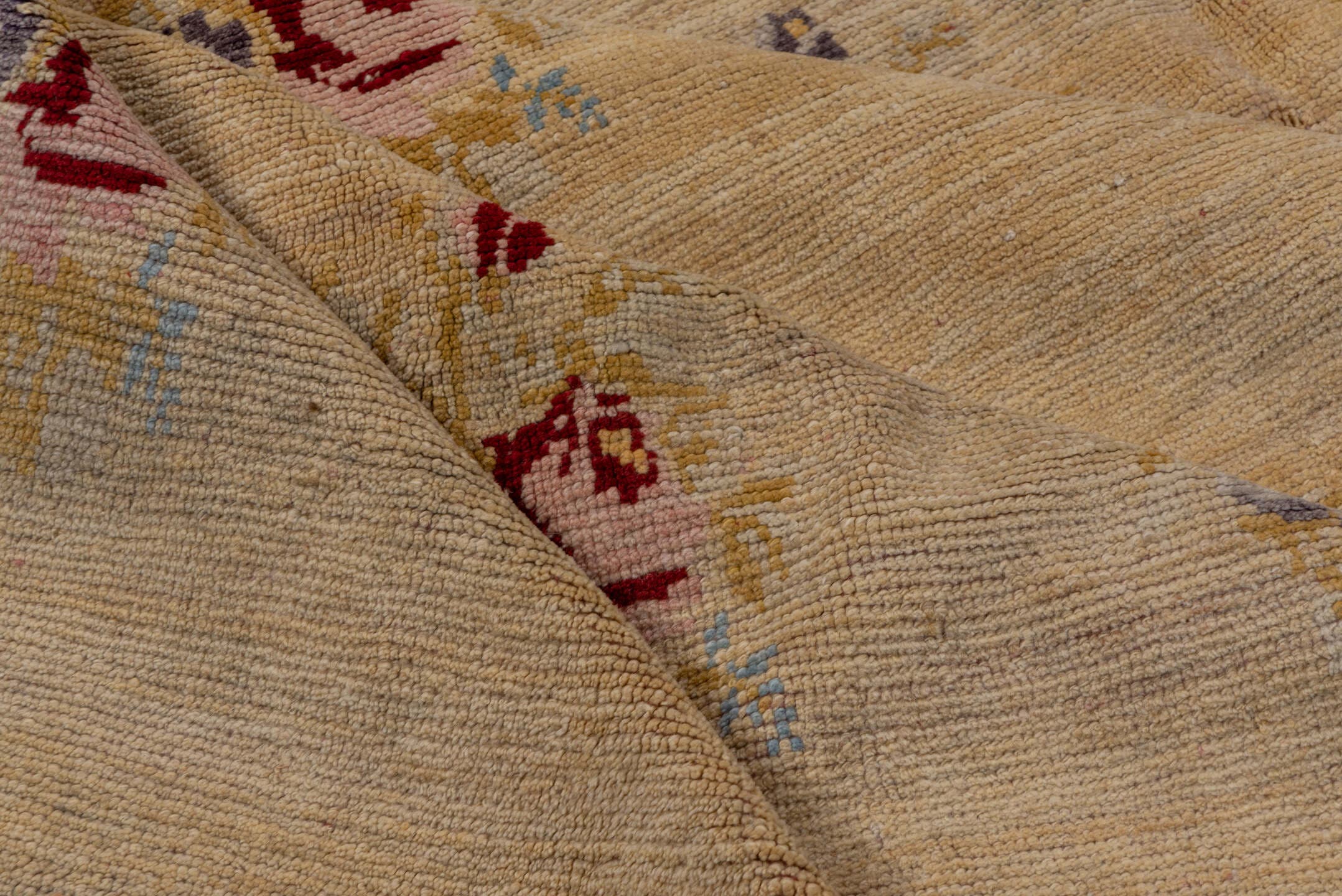 6' x 8' one-of-a-kind handmade vintage Oushak medium size rug. Color palette: ivory, rust, gold, lavender, sky blue, rose
