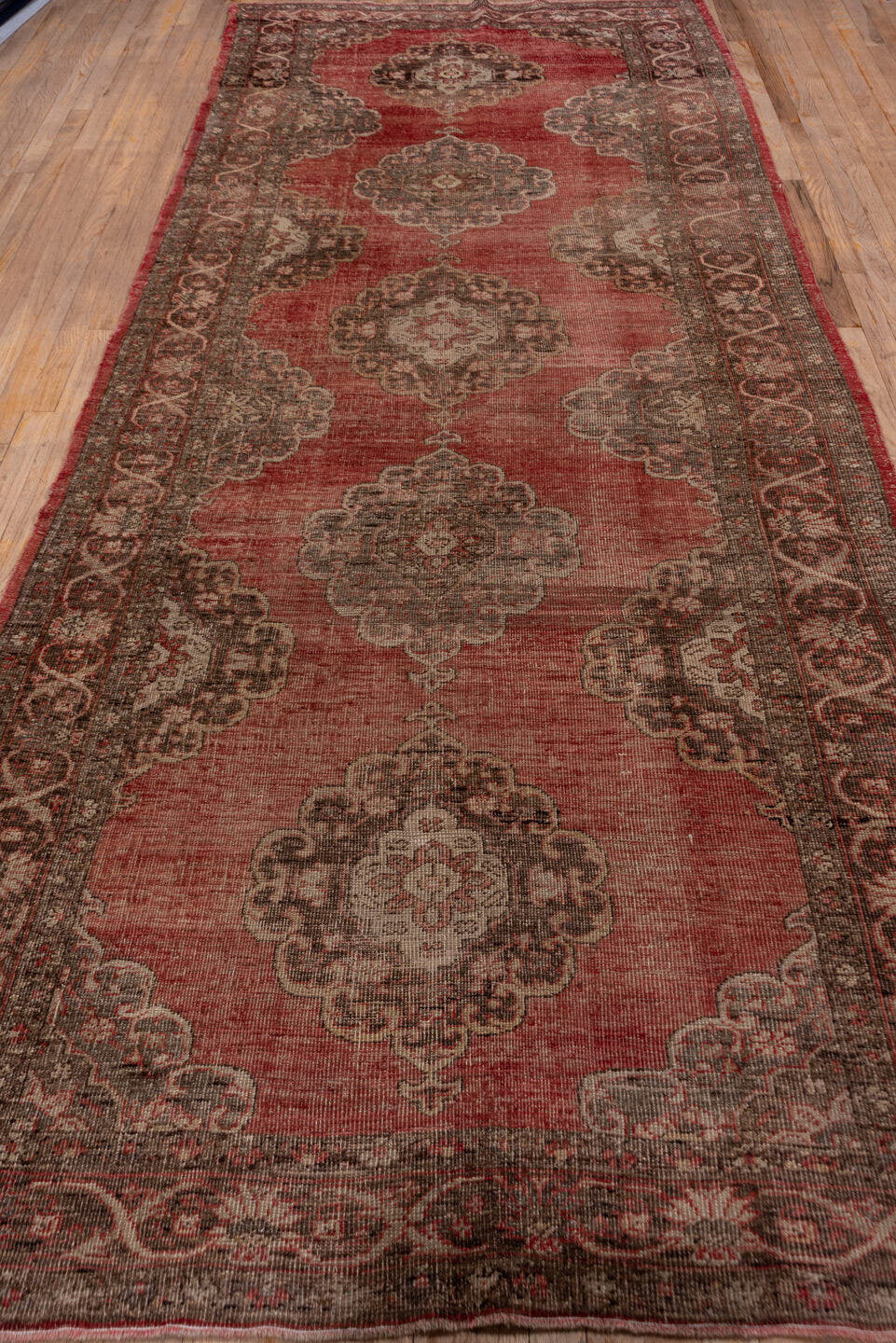 4' x 13' one-of-a-kind handmade vintage Oushak runner rug. Color palette: rose, taupe, charcoal, ivory, burgundy, pink, red