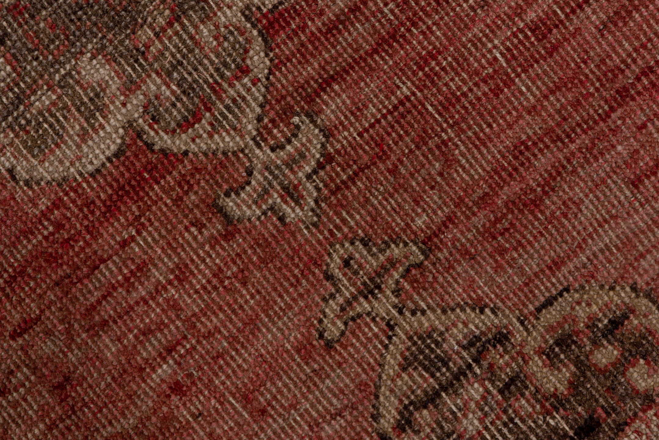 4' x 13' one-of-a-kind handmade vintage Oushak runner rug. Color palette: brown, gray, off-white, pink, red, snow, white