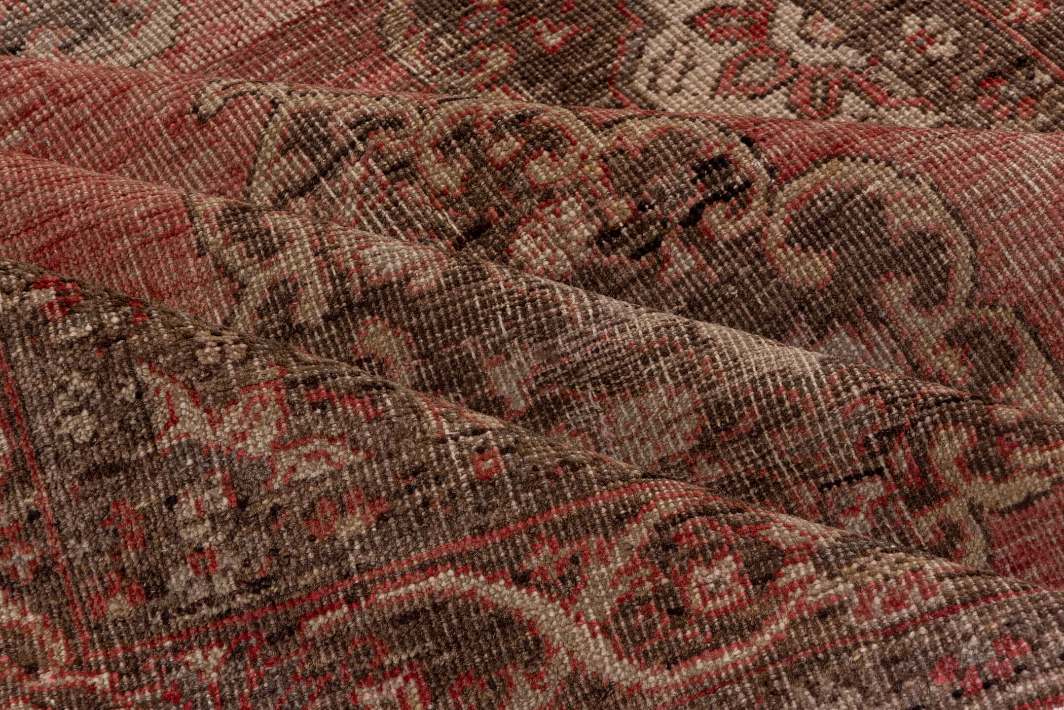 4' x 13' one-of-a-kind handmade vintage Oushak runner rug. Color palette: brown, gray, off-white, pink, red, snow, white