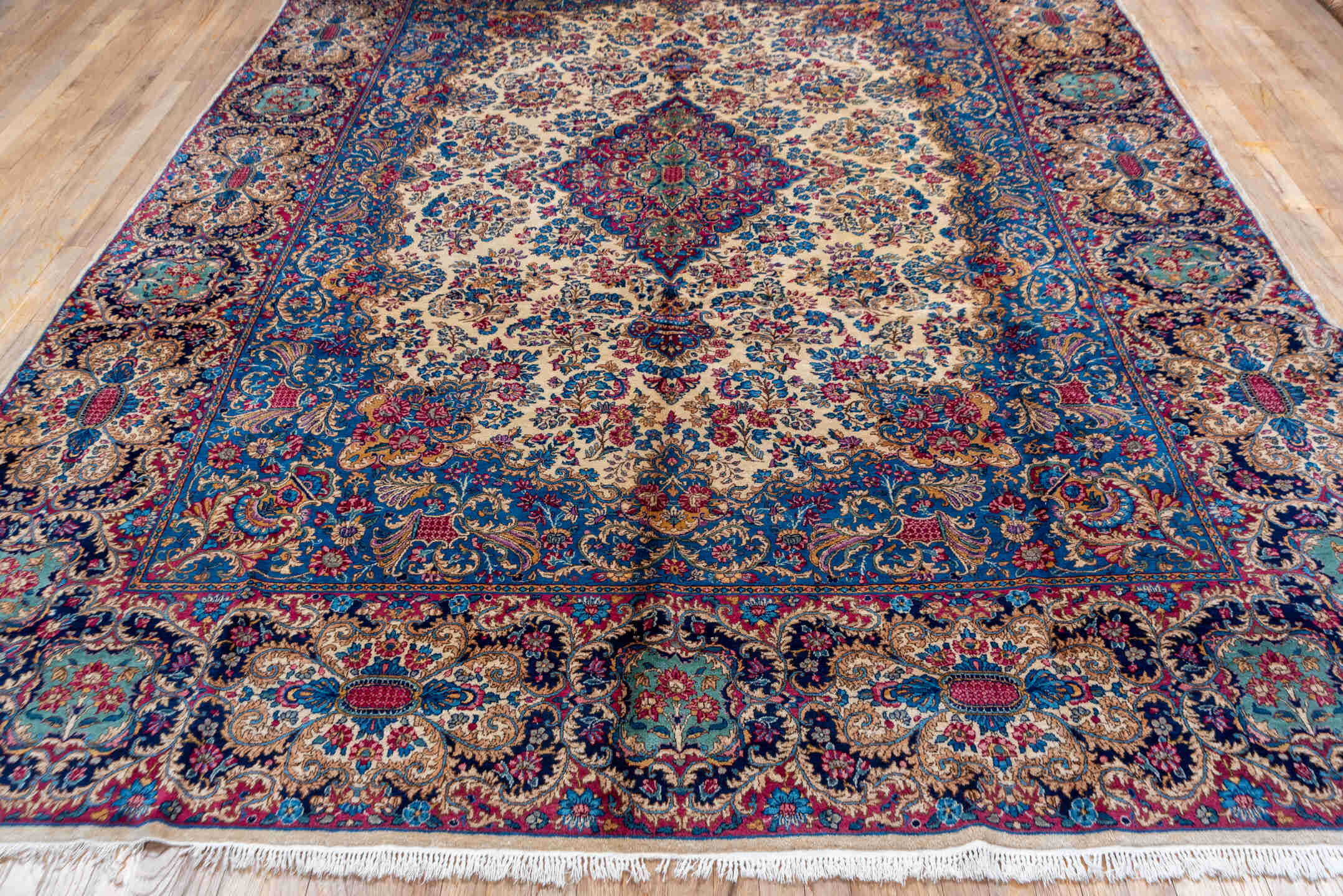 8' x 12' one-of-a-kind handmade vintage Kerman large size rug. Color palette: blue, brown, dark gray, fiord, gray
