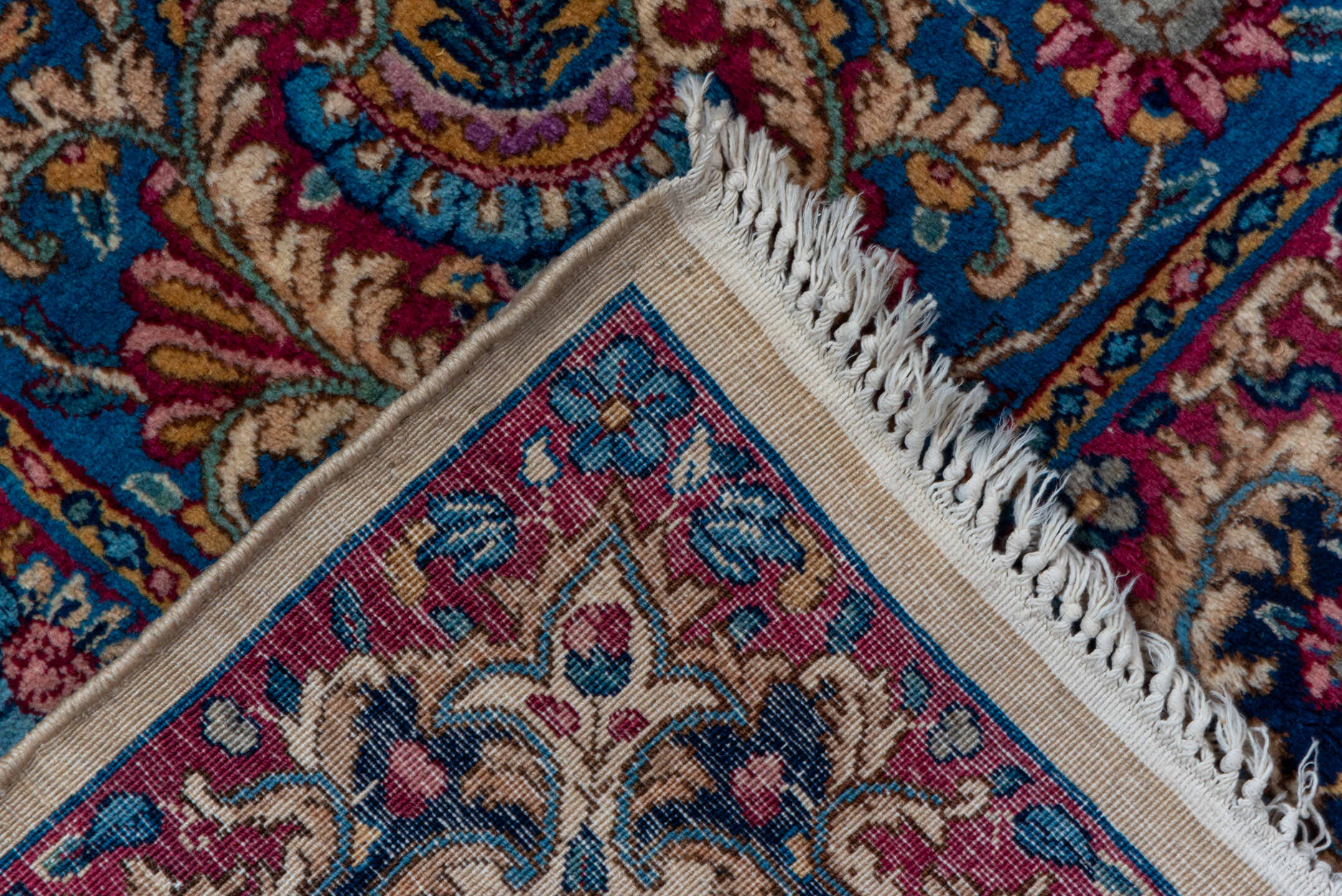 8' x 12' one-of-a-kind handmade vintage Kerman large size rug. Color palette: blue, brown, dark gray, fiord, gray