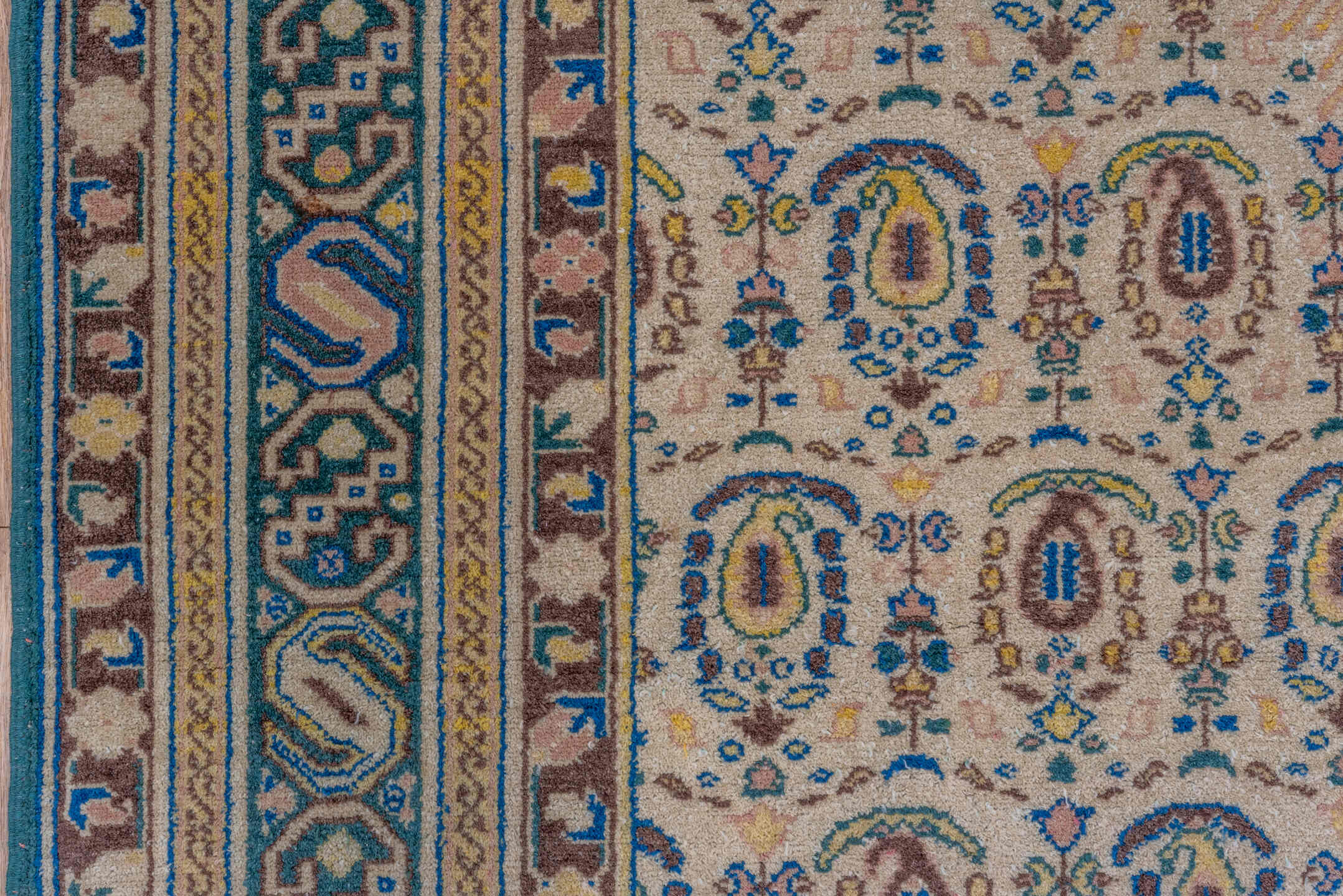 5' x 8' one-of-a-kind handmade vintage Sivas medium size rug. Color palette: ivory, blue, brown, taupe, gold, camel, beige