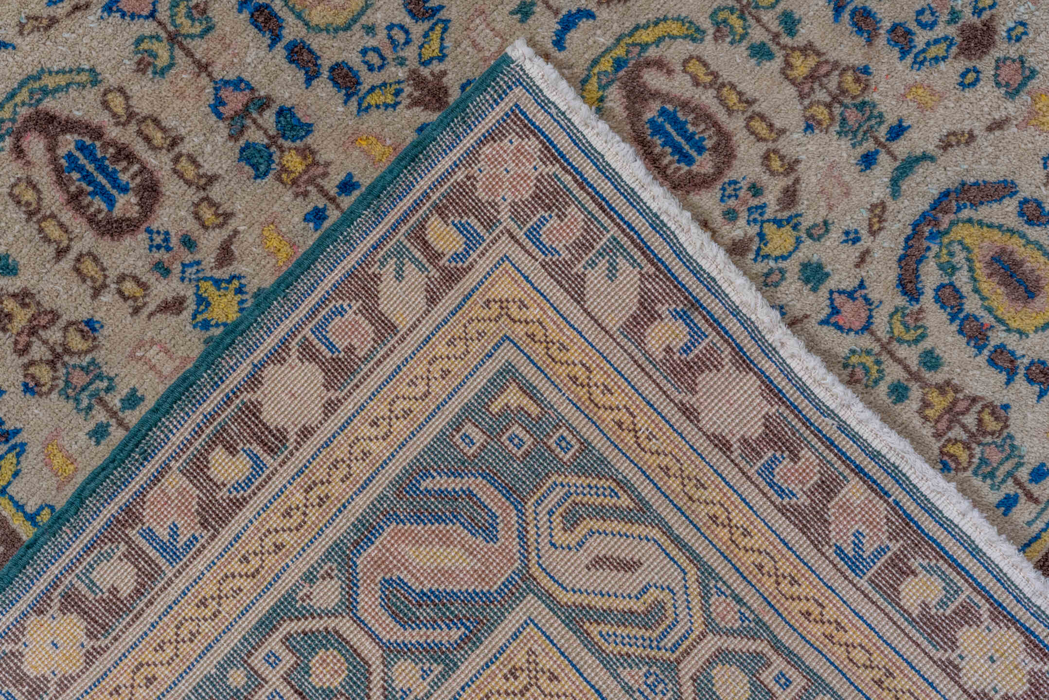 5' x 8' one-of-a-kind handmade vintage Sivas medium size rug. Color palette: ivory, blue, brown, taupe, gold, camel, beige