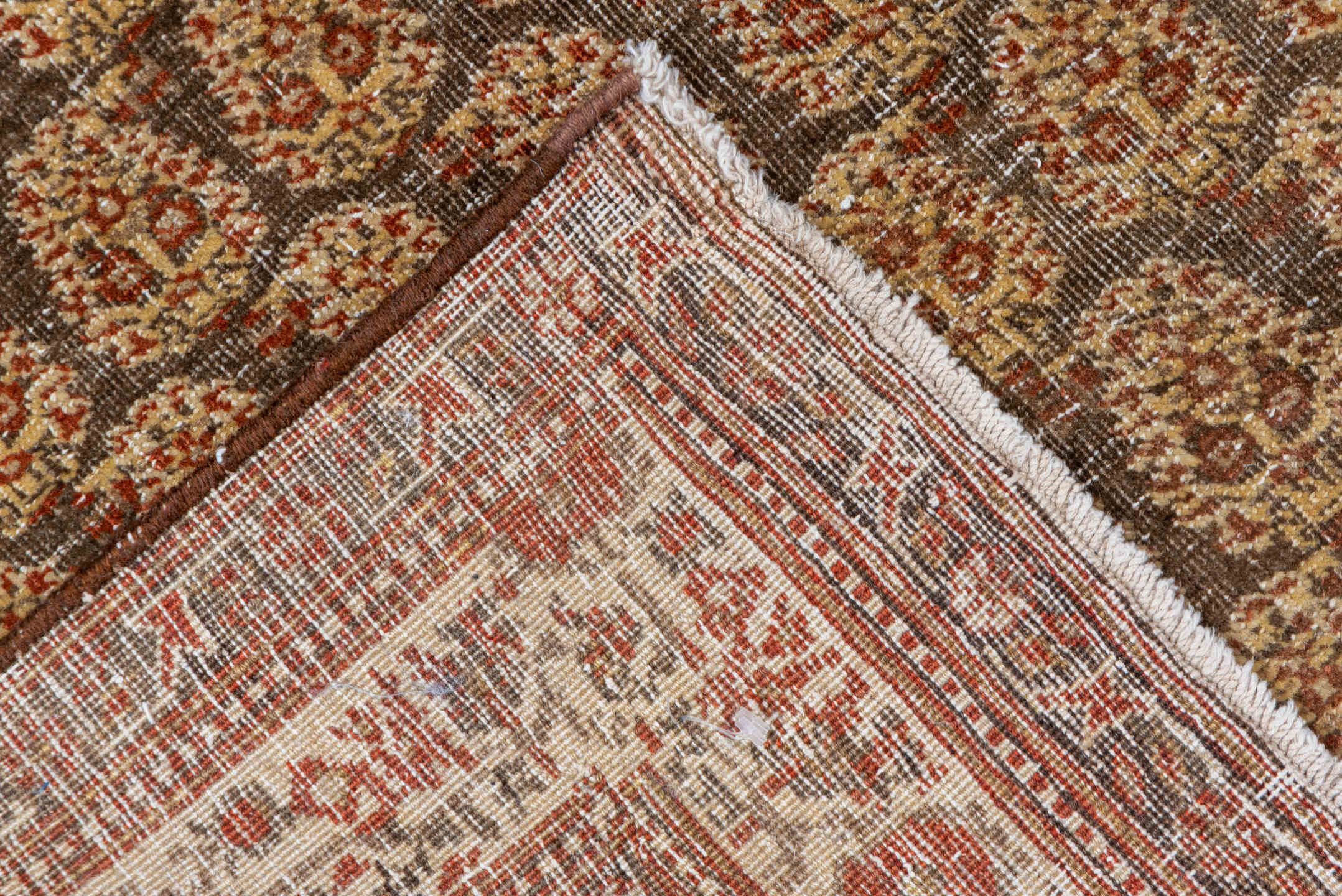 4' x 5' one-of-a-kind handmade vintage Tabriz small size rug. Color palette: brown, gray, off-white, orange, pink, snow