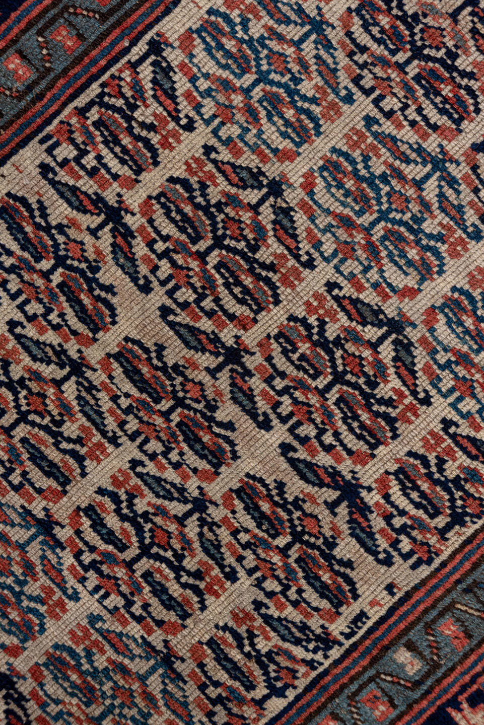 3' x 16' one-of-a-kind handmade vintage NW Persian runner rug. Color palette: ivory, navy, rust, slate, rose, camel, blue
