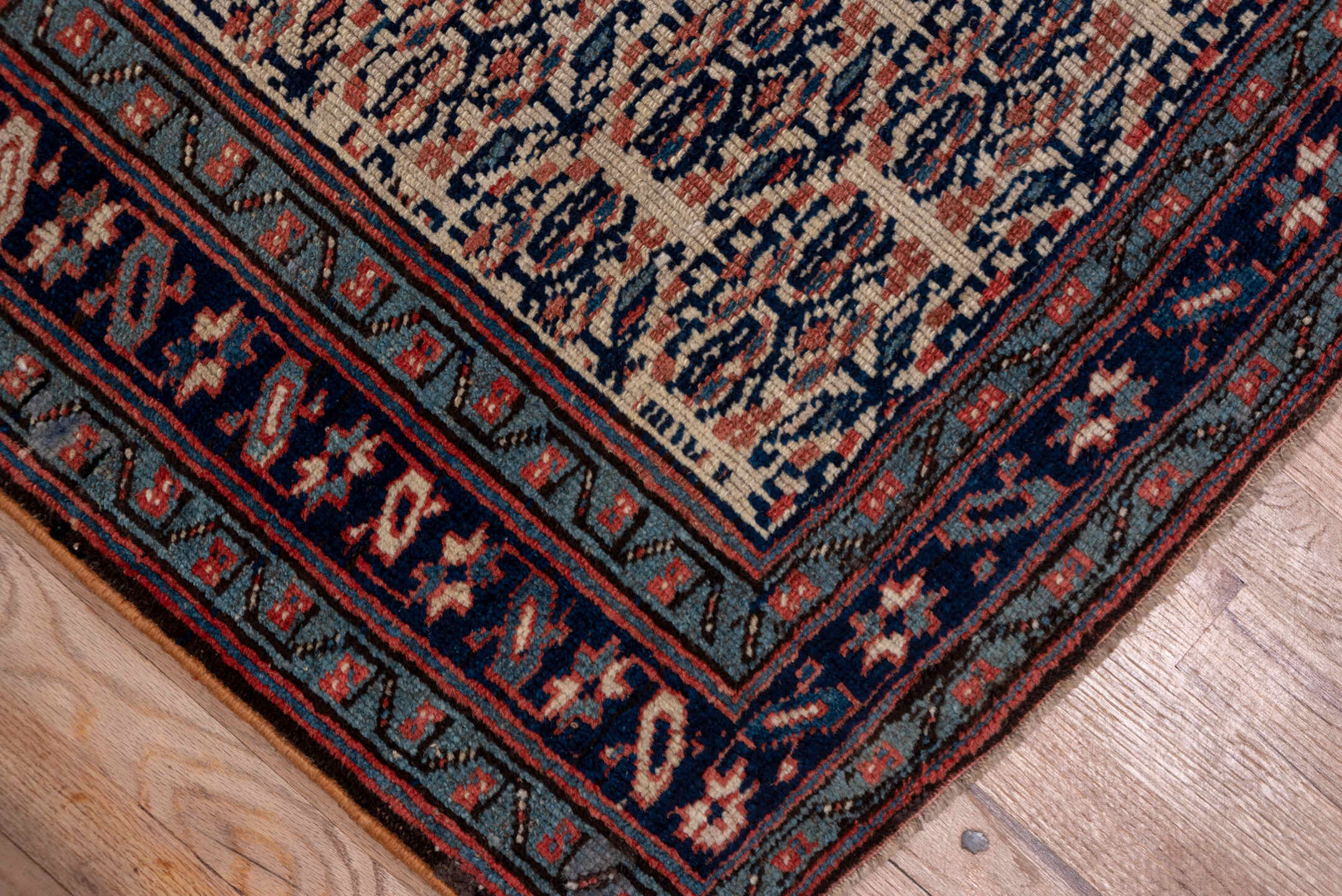 3' x 16' one-of-a-kind handmade vintage NW Persian runner rug. Color palette: ivory, navy, rust, slate, rose, camel, blue