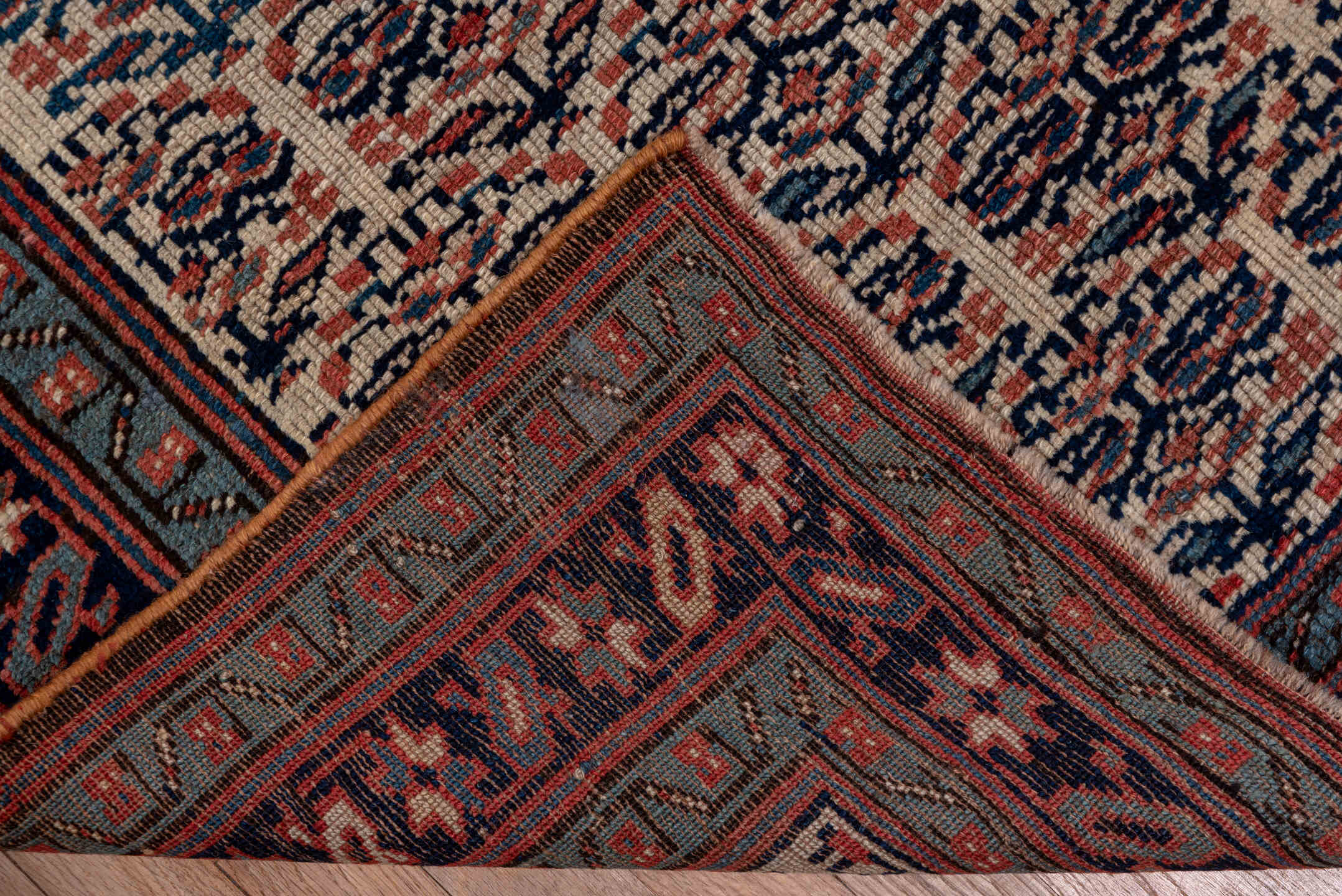 3' x 16' one-of-a-kind handmade vintage NW Persian runner rug. Color palette: ivory, navy, rust, slate, rose, camel, blue