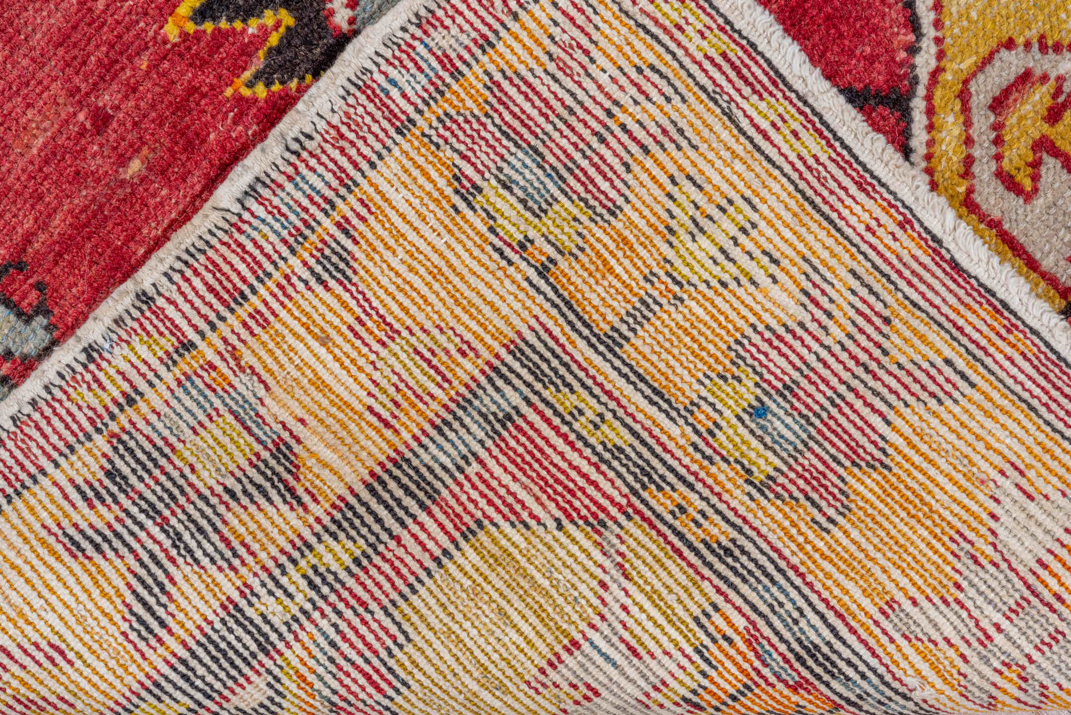 2' x 9' one-of-a-kind handmade vintage Oushak runner rug. Color palette: red, gold, ivory, rust, saffron, charcoal, rose