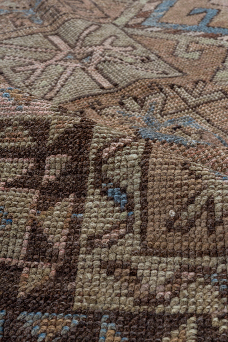 5' x 11' one-of-a-kind handmade vintage Oushak rug. Color palette: taupe, beige, brown, dusty rose, pale blue, ivory