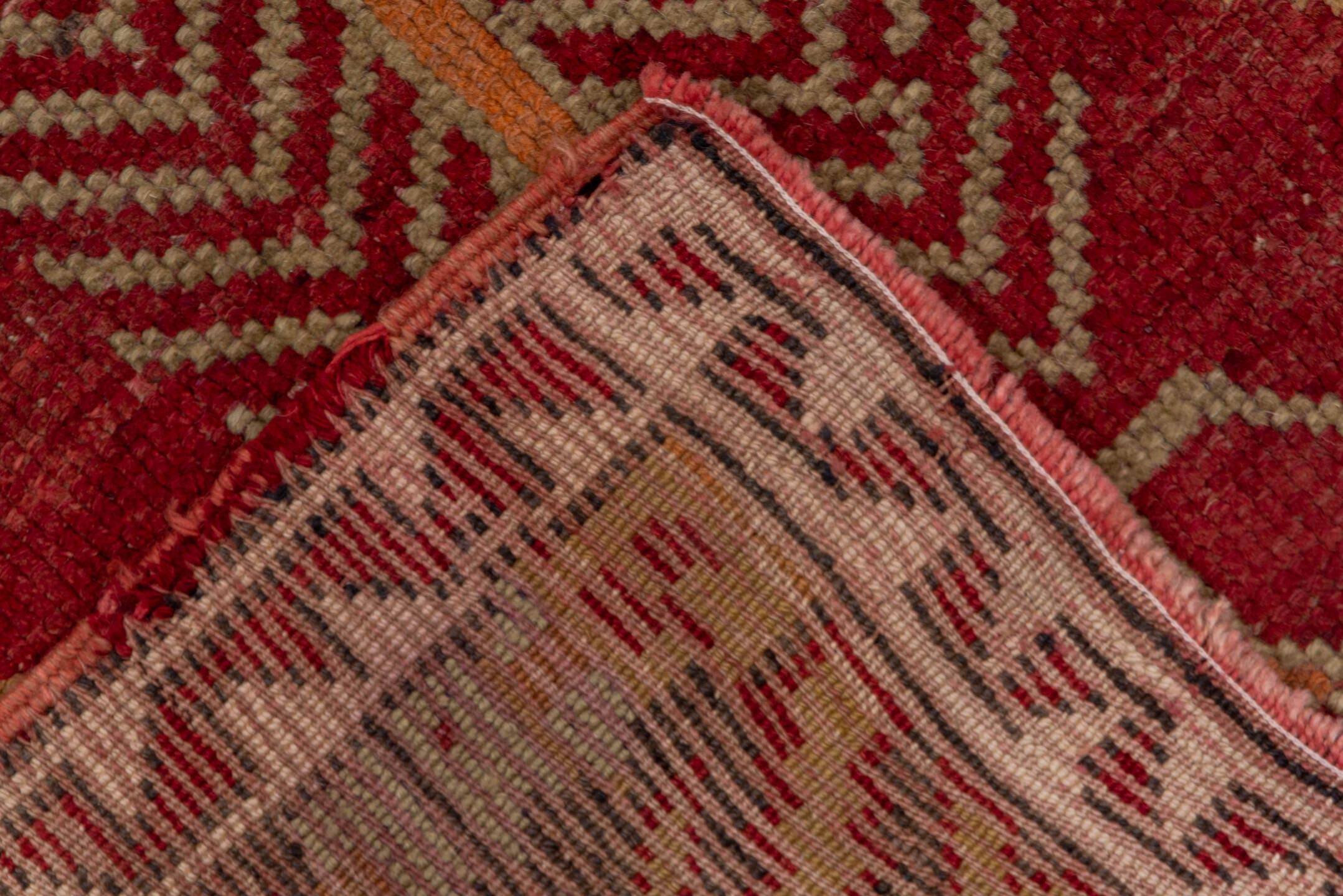 5' x 13' one-of-a-kind handmade vintage Oushak rug. Color palette: peach, rust, burgundy, ivory, taupe, terra cotta, olive
