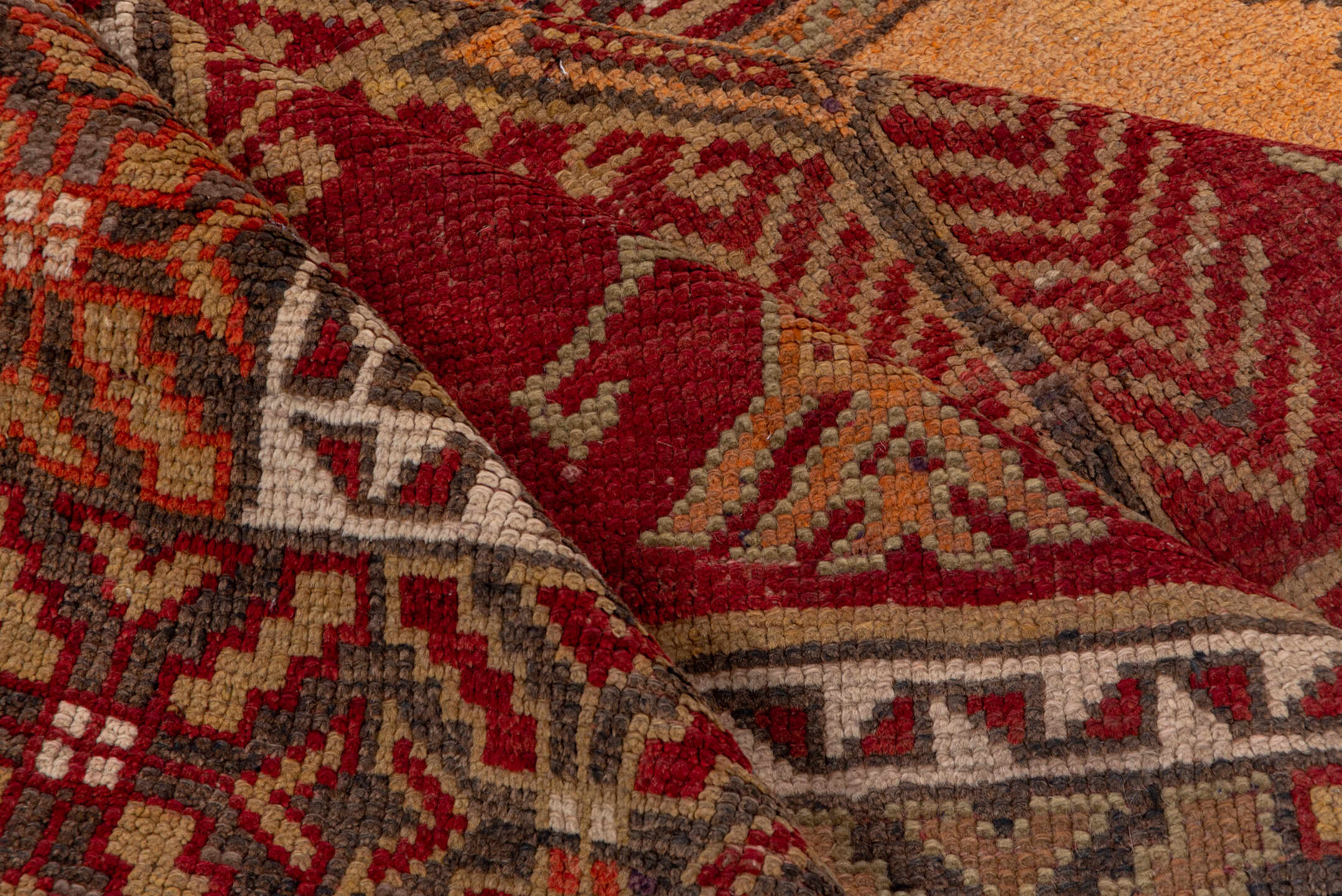5' x 13' one-of-a-kind handmade vintage Oushak rug. Color palette: peach, rust, burgundy, ivory, taupe, terra cotta, olive
