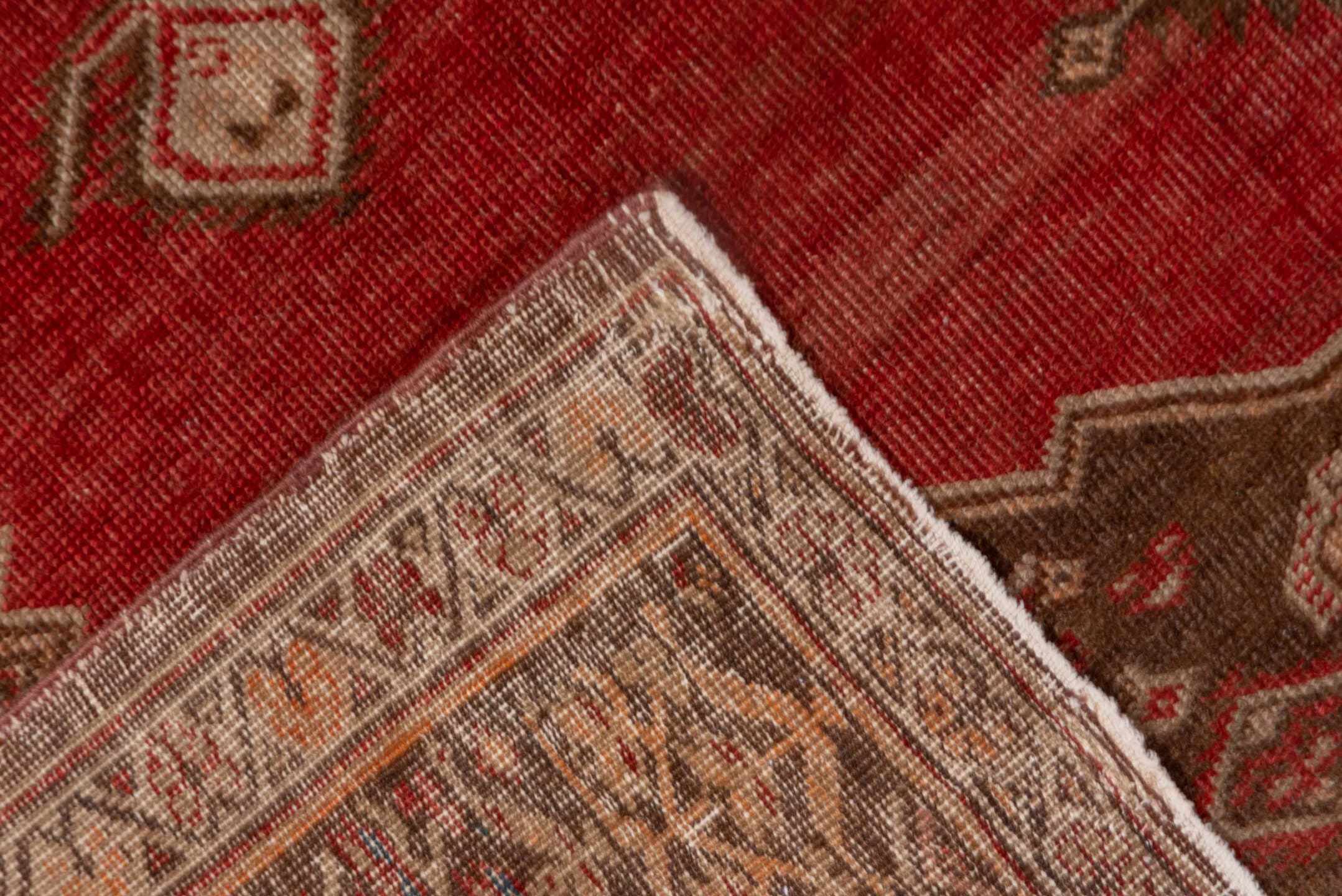4' x 6' one-of-a-kind handmade vintage Oushak small size rug. Color palette: rust, brown, ivory, terra cotta, camel, blue