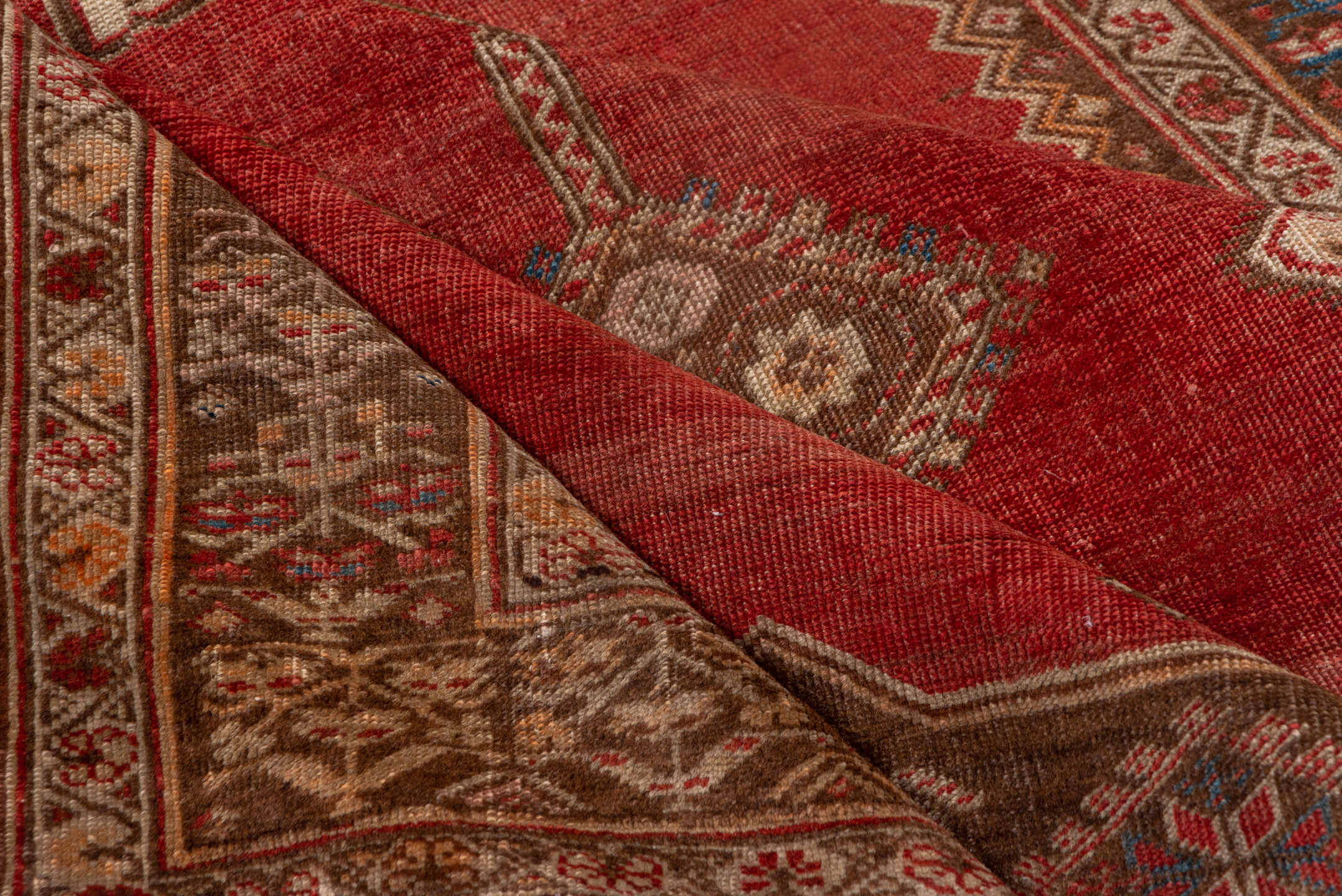 4' x 6' one-of-a-kind handmade vintage Oushak small size rug. Color palette: rust, brown, ivory, terra cotta, camel, blue