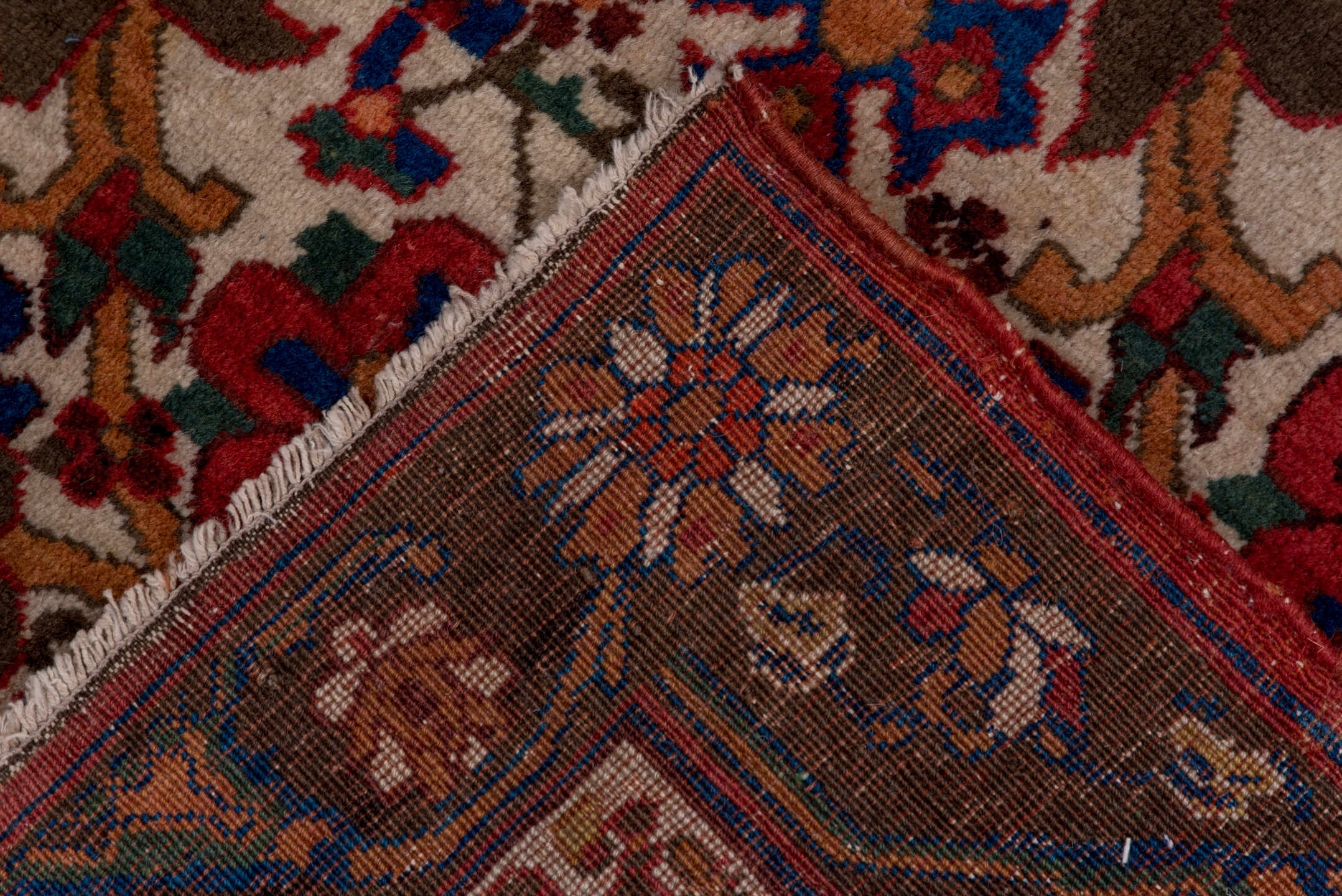 5' x 7' one-of-a-kind handmade antique Bidjar rug. Color palette: ivory, rust, navy, blue, brown, burgundy, camel