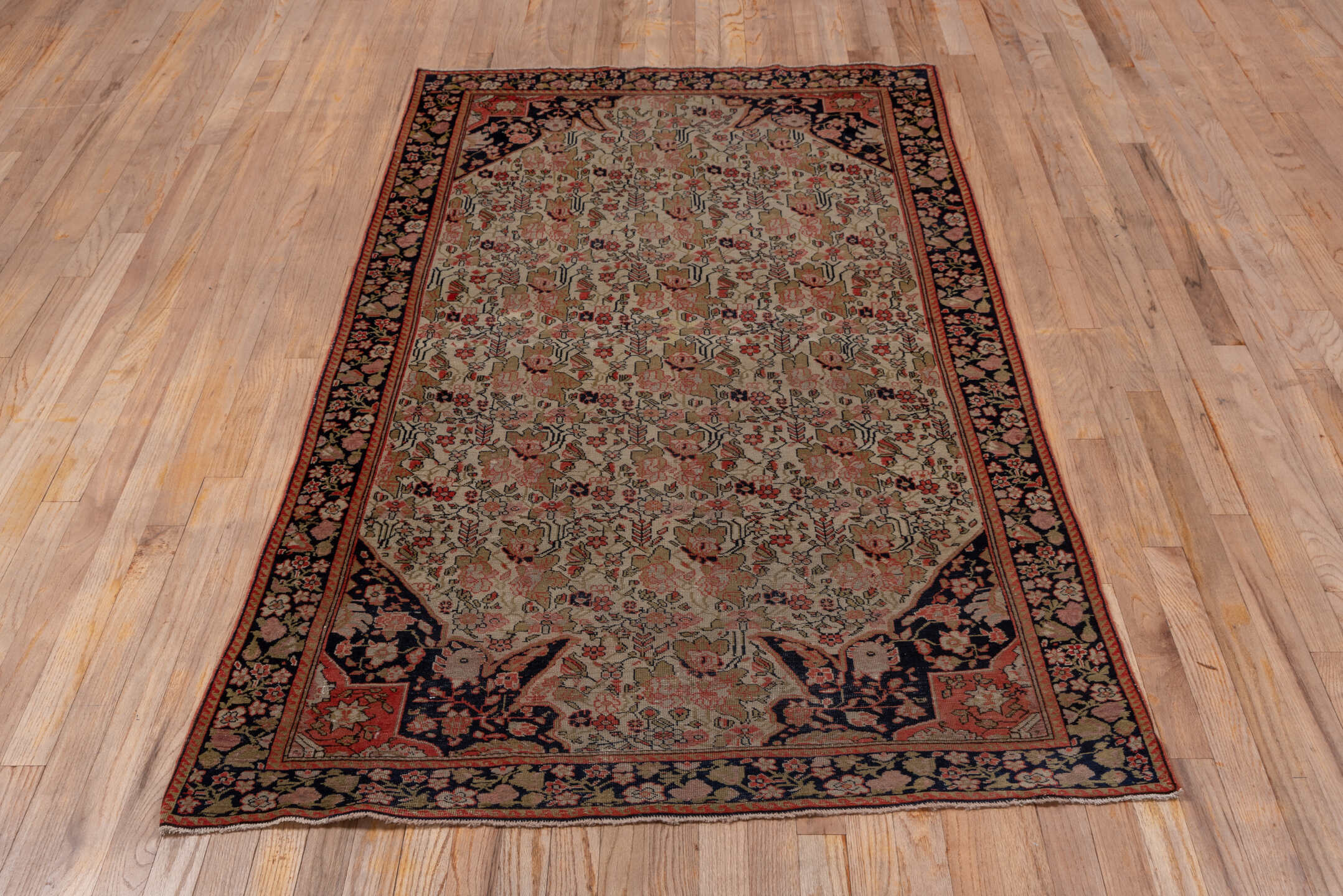 3' x 6' one-of-a-kind handmade vintage Far.Sarouk small size rug. Color palette: ivory, navy, rose, rust, taupe, olive