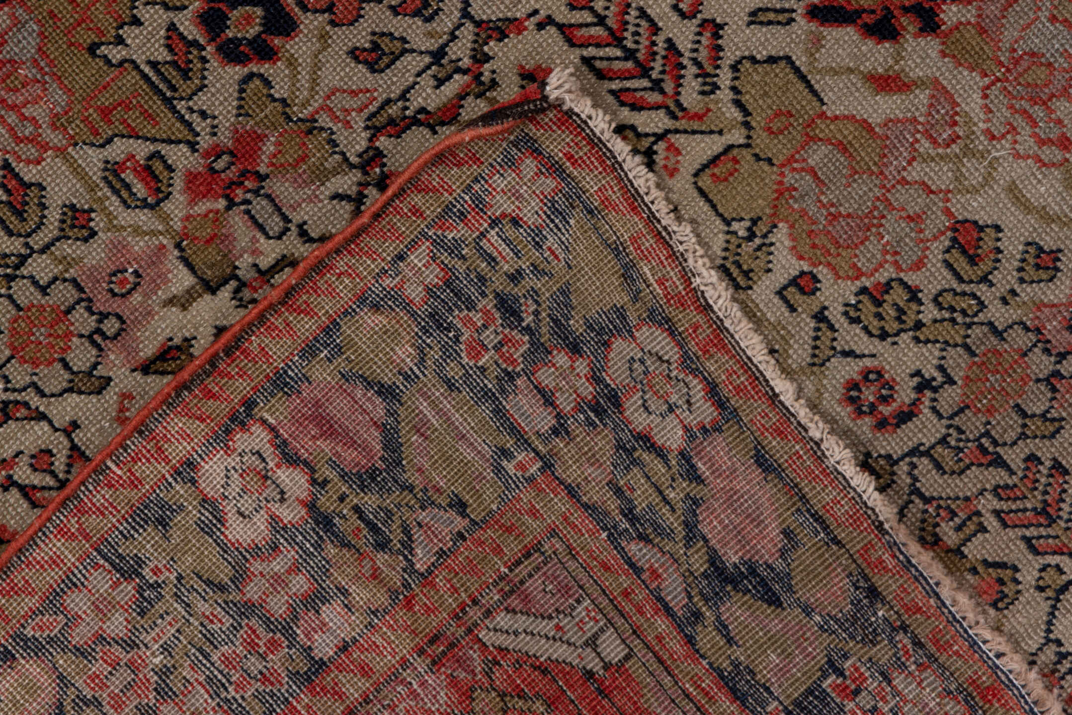 3' x 6' one-of-a-kind handmade vintage Far.Sarouk small size rug. Color palette: ivory, navy, rose, rust, taupe, olive