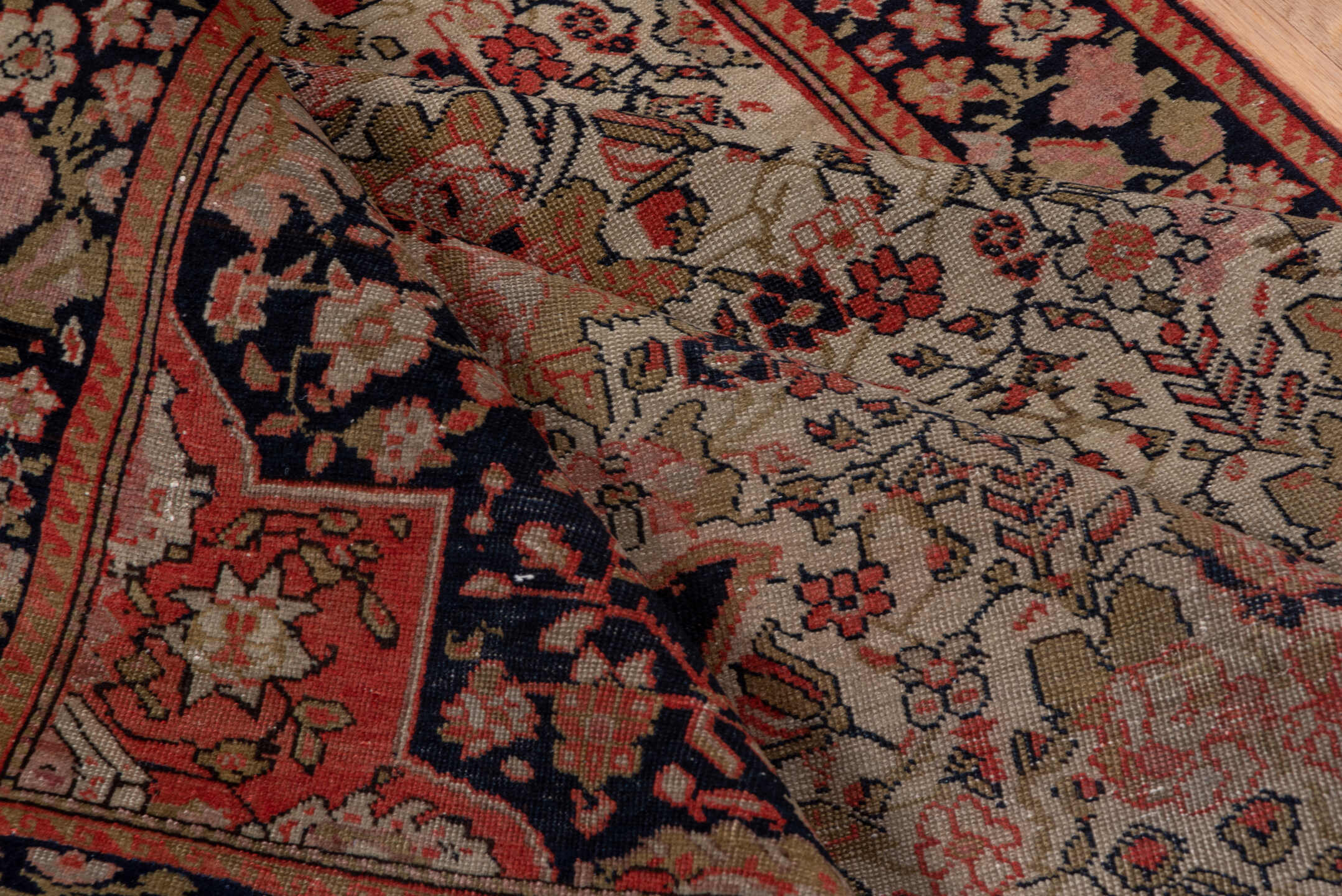 3' x 6' one-of-a-kind handmade vintage Far.Sarouk small size rug. Color palette: ivory, navy, rose, rust, taupe, olive