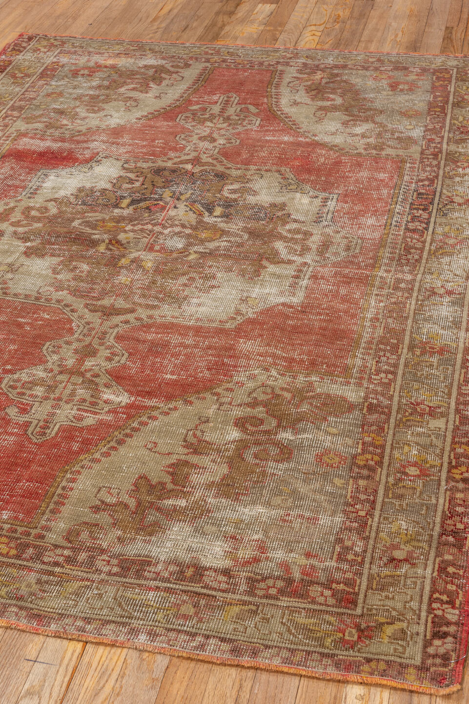4' x 7' one-of-a-kind handmade vintage Oushak rug. Color palette: brown, gray, light gray, off-white, pink, red, sienna