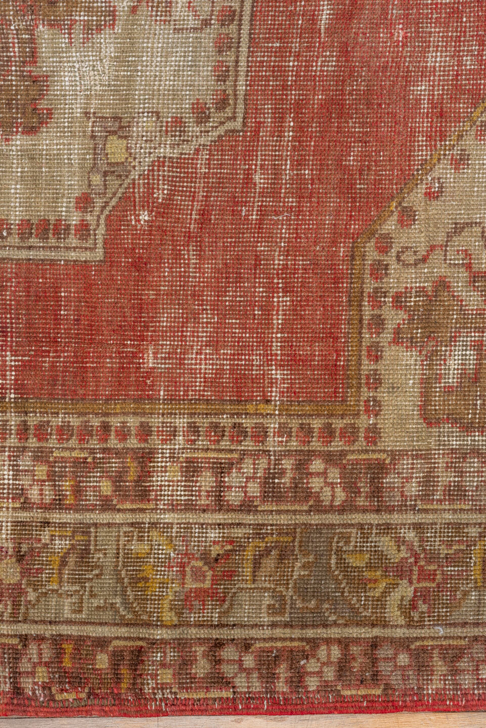 4' x 7' one-of-a-kind handmade vintage Oushak rug. Color palette: terra cotta, ivory, taupe, sage, rust, gold, brown