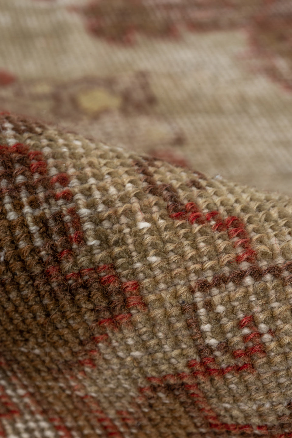 4' x 7' one-of-a-kind handmade vintage Oushak rug. Color palette: brown, gray, light gray, off-white, pink, red, sienna