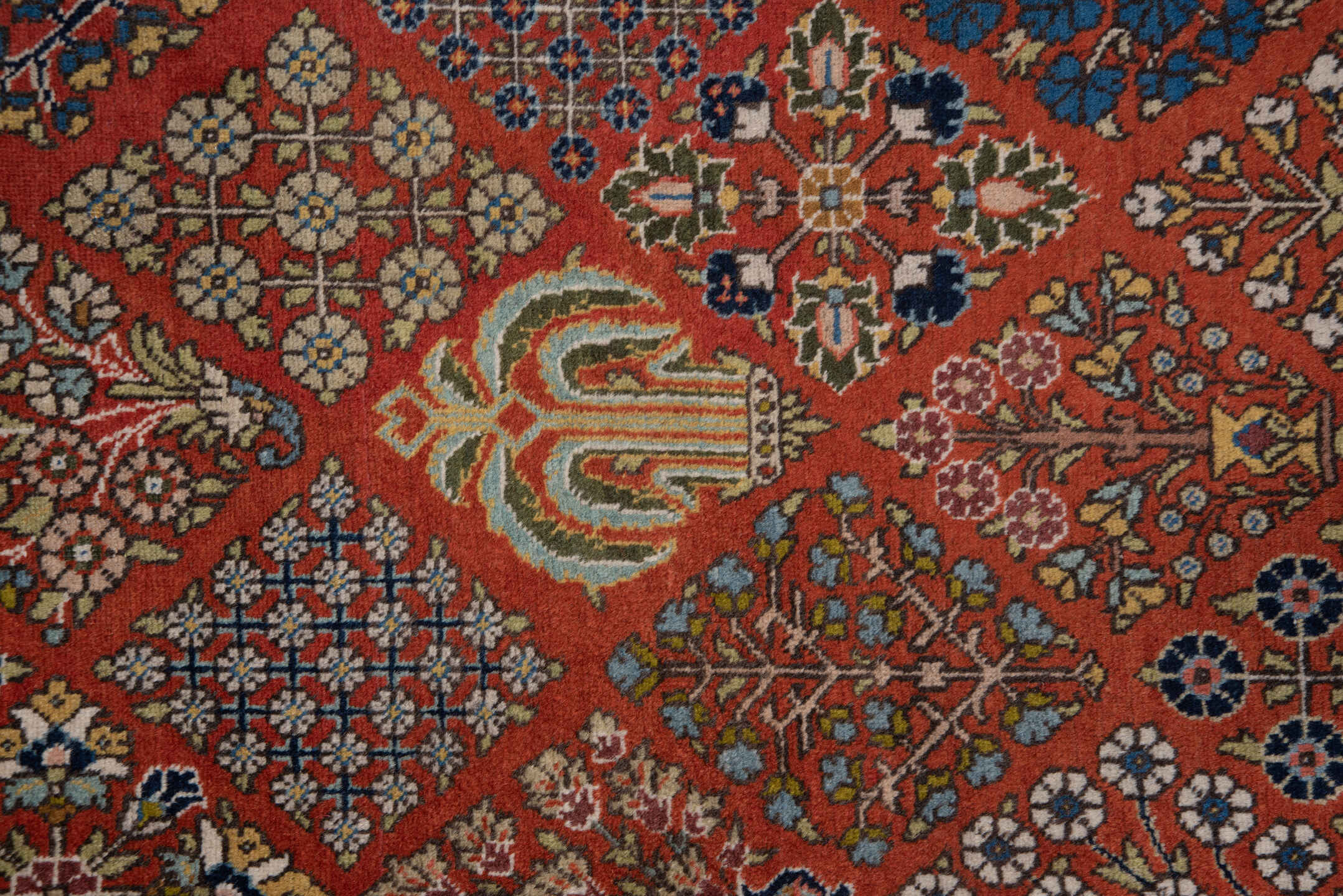6' x 8' one-of-a-kind handmade antique Tabriz medium size rug. Color palette: rust, ivory, navy, blue, camel, rose, gold