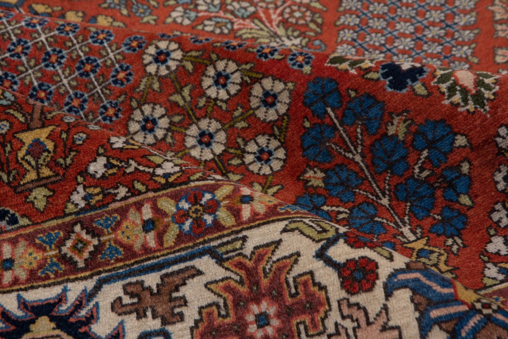 6' x 8' one-of-a-kind handmade antique Tabriz medium size rug. Color palette: rust, ivory, navy, blue, camel, rose, gold