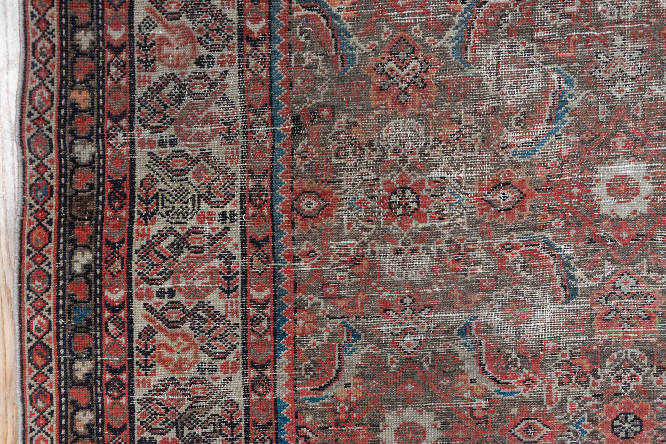 7' x 13' one-of-a-kind handmade vintage Malayer large size rug. Color palette: rust, ivory, charcoal, rose, taupe, burgundy