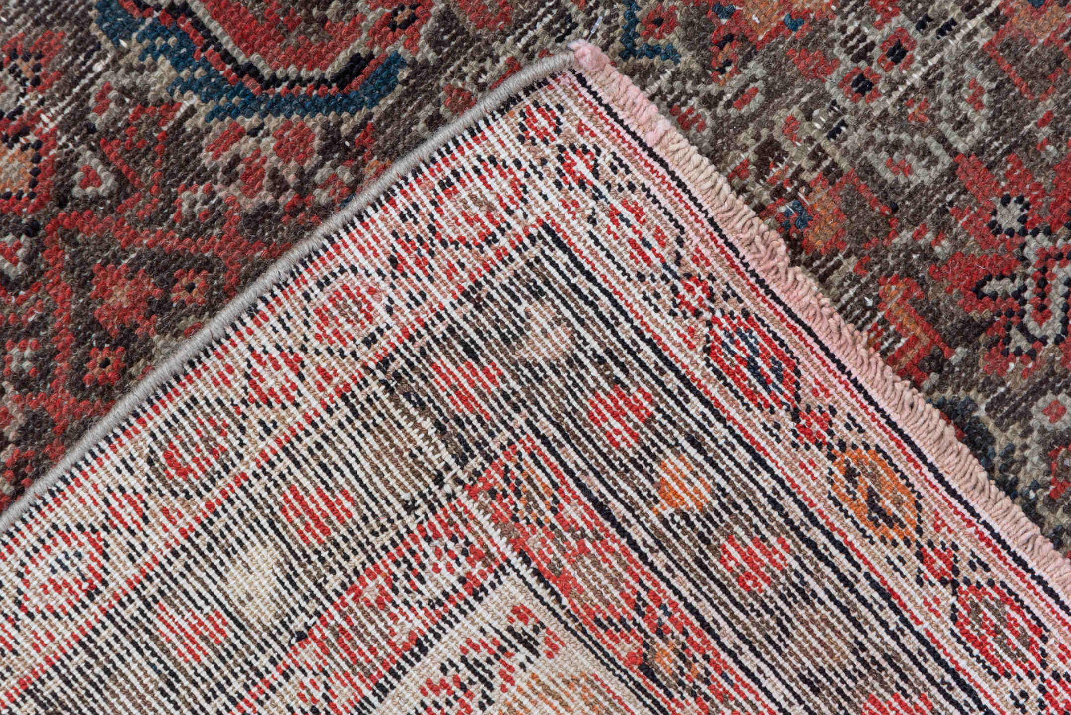 7' x 13' one-of-a-kind handmade vintage Malayer large size rug. Color palette: brown, gray, pink, red