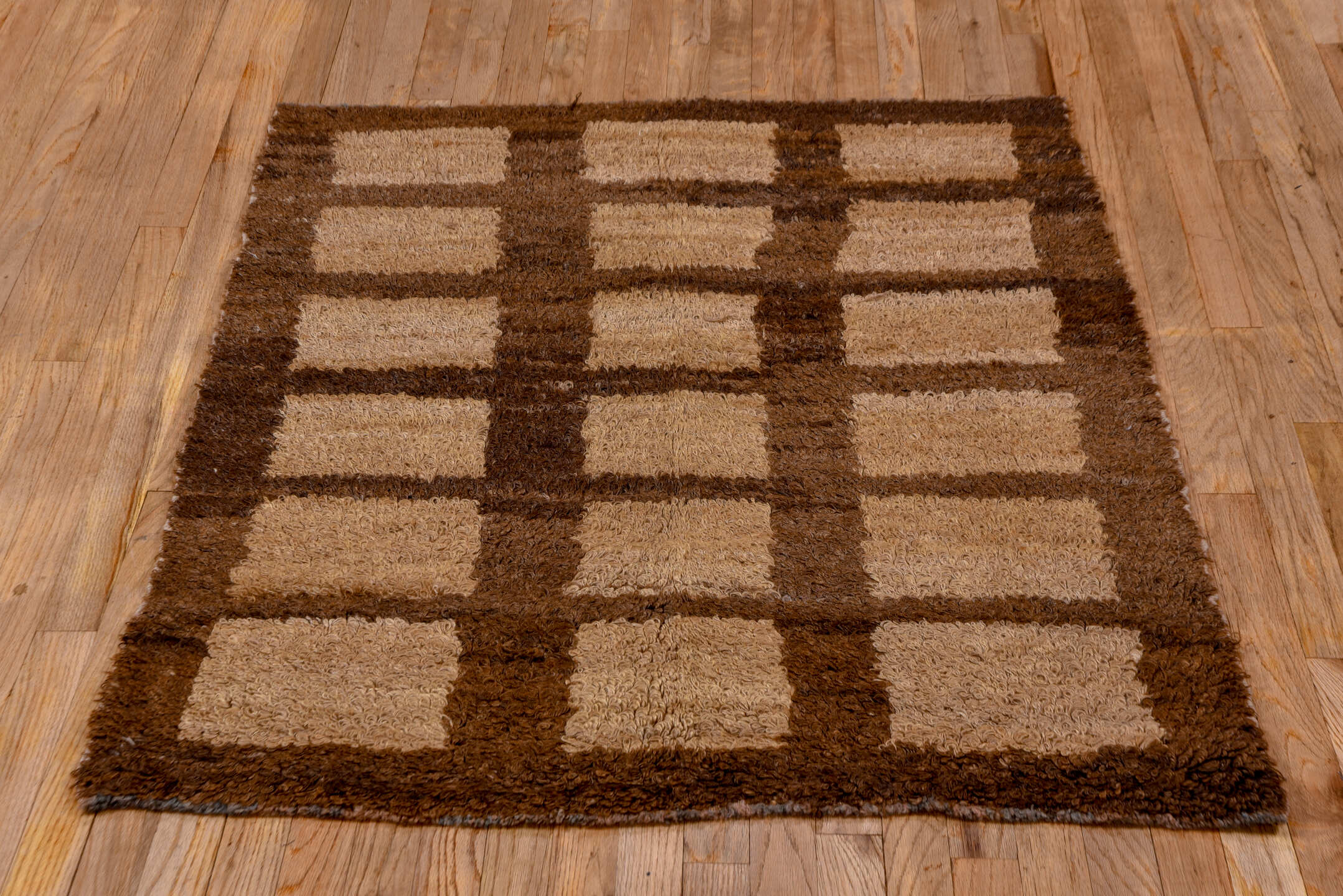3' x 4' one-of-a-kind handmade vintage Tulu small size rug. Color palette: brown, camel, taupe, beige, gray