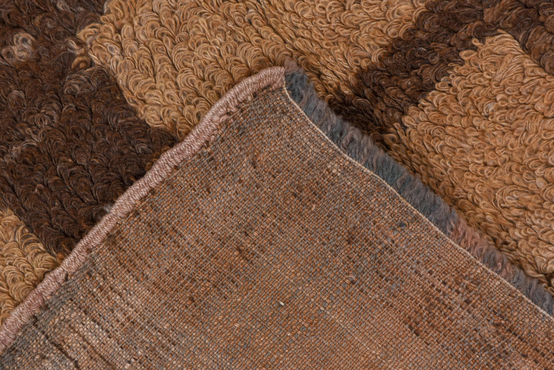 3' x 4' one-of-a-kind handmade vintage Tulu small size rug. Color palette: brown, camel, taupe, beige, gray