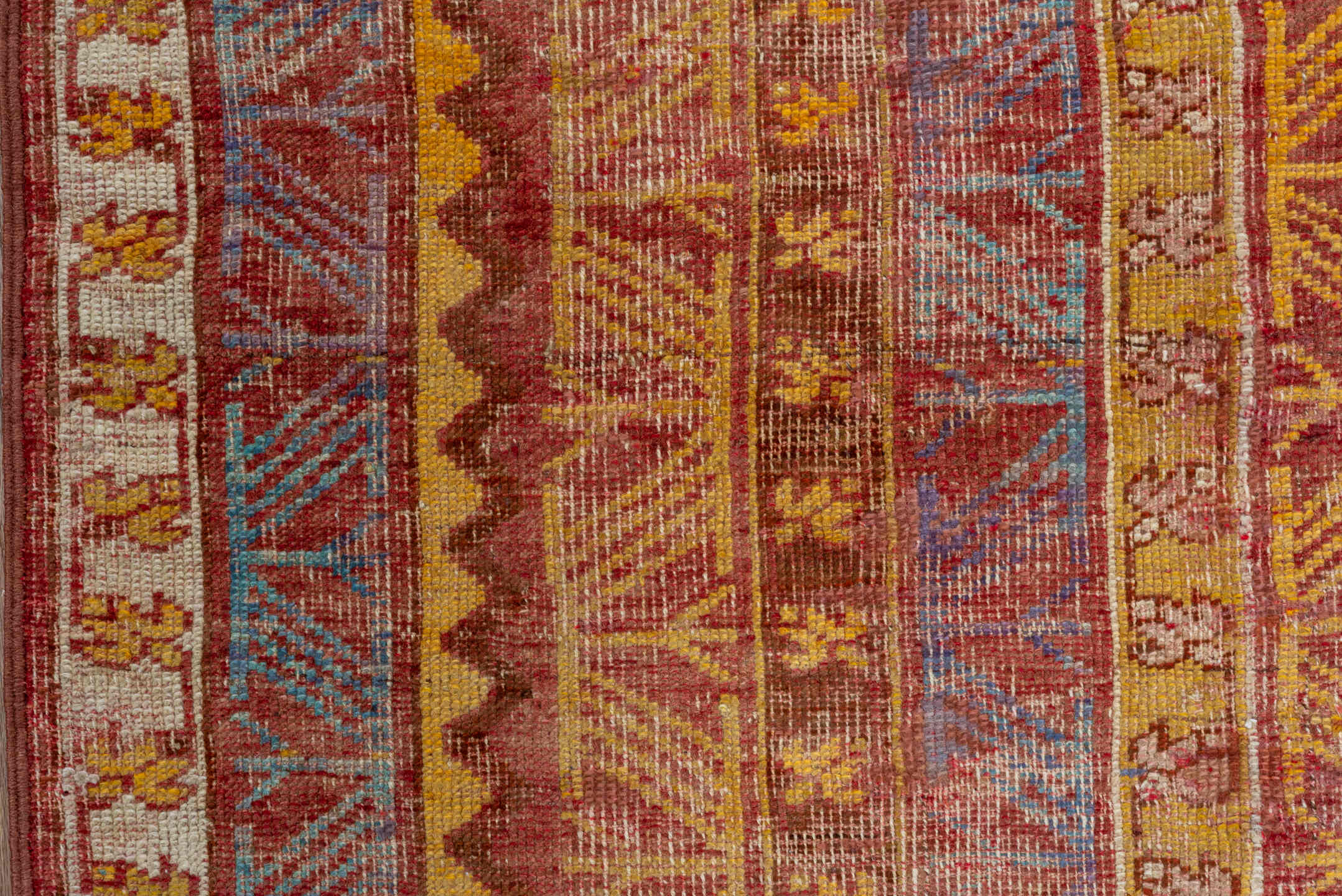 3' x 9' one-of-a-kind handmade vintage Oushak runner rug. Color palette: rust, ivory, blue, gold, terra cotta, camel