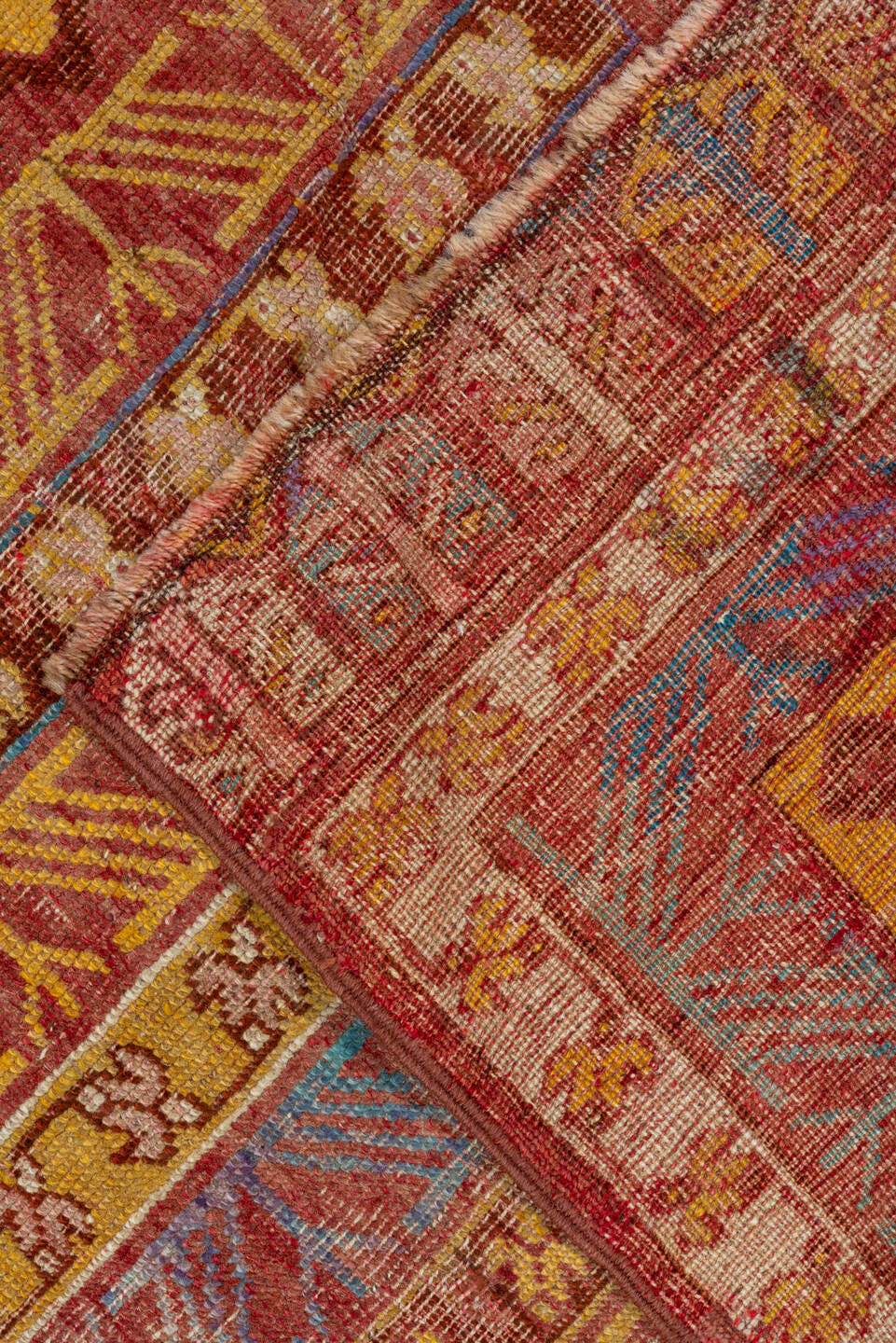 3' x 9' one-of-a-kind handmade vintage Oushak runner rug. Color palette: rust, ivory, blue, gold, terra cotta, camel