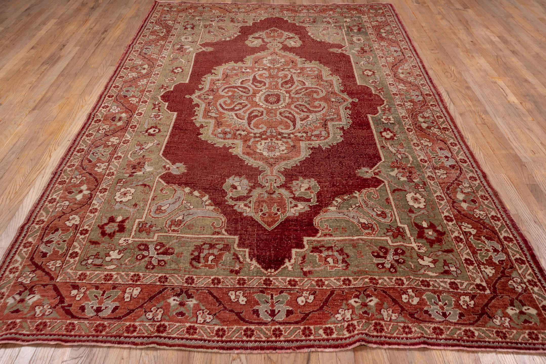 6' x 11' one-of-a-kind handmade vintage Oushak large size rug. Color palette: rust, sage, ivory, terra cotta, rose, beige