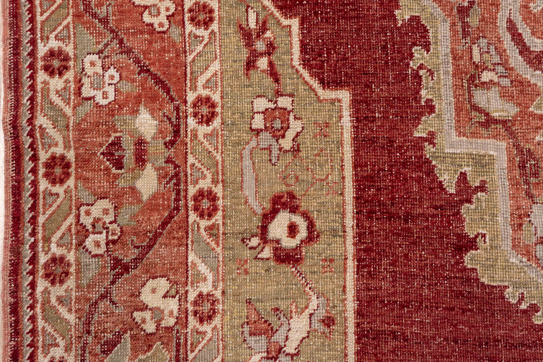 6' x 11' one-of-a-kind handmade vintage Oushak large size rug. Color palette: rust, sage, ivory, terra cotta, rose, beige
