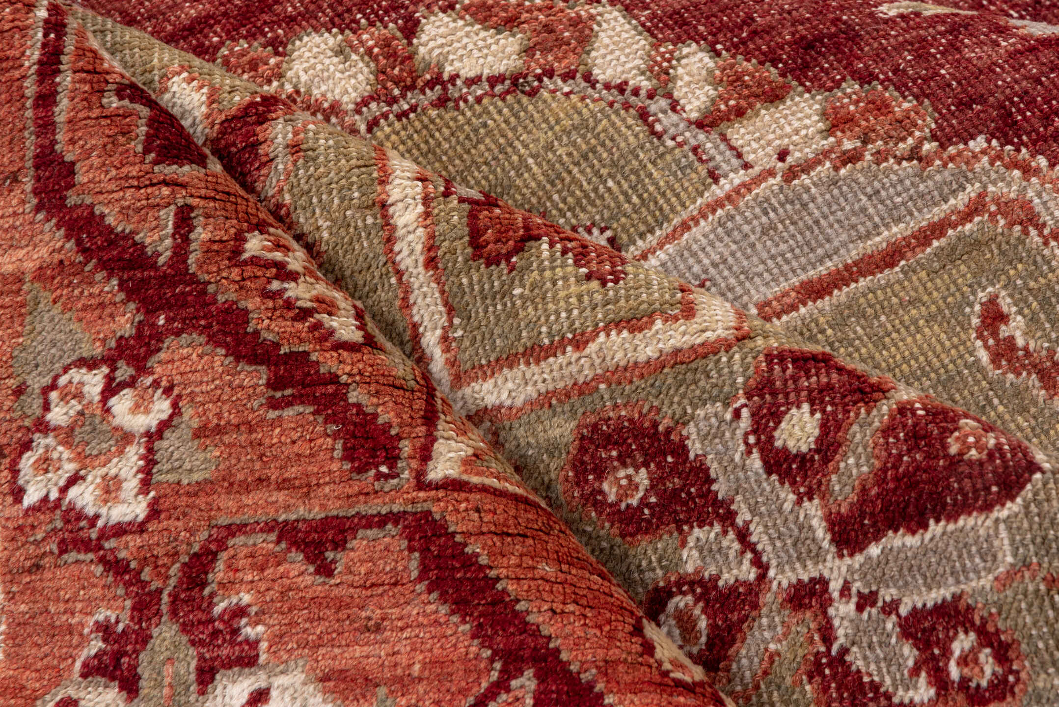 6' x 11' one-of-a-kind handmade vintage Oushak large size rug. Color palette: rust, sage, ivory, terra cotta, rose, beige