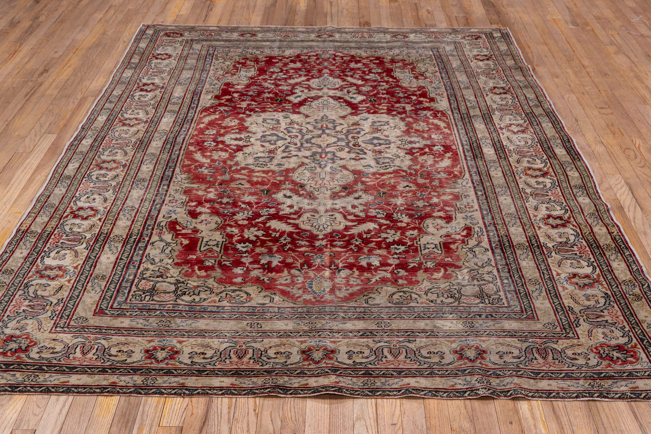 6' x 8' one-of-a-kind handmade vintage Oushak medium size rug. Color palette: red, ivory, beige, blue, taupe, burgundy, gray