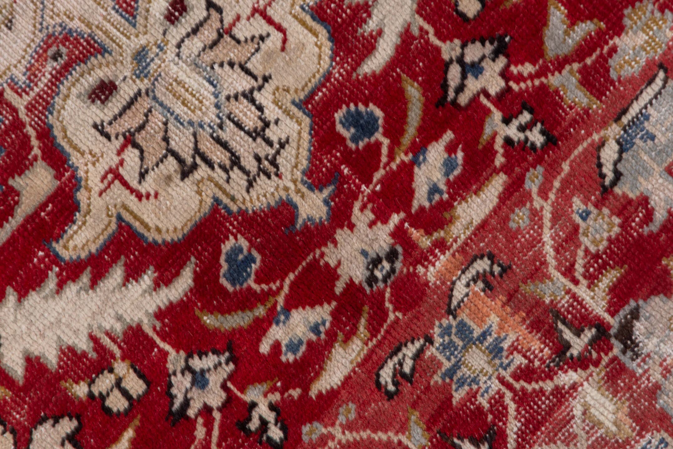 6' x 8' one-of-a-kind handmade vintage Oushak medium size rug. Color palette: red, ivory, beige, blue, taupe, burgundy, gray